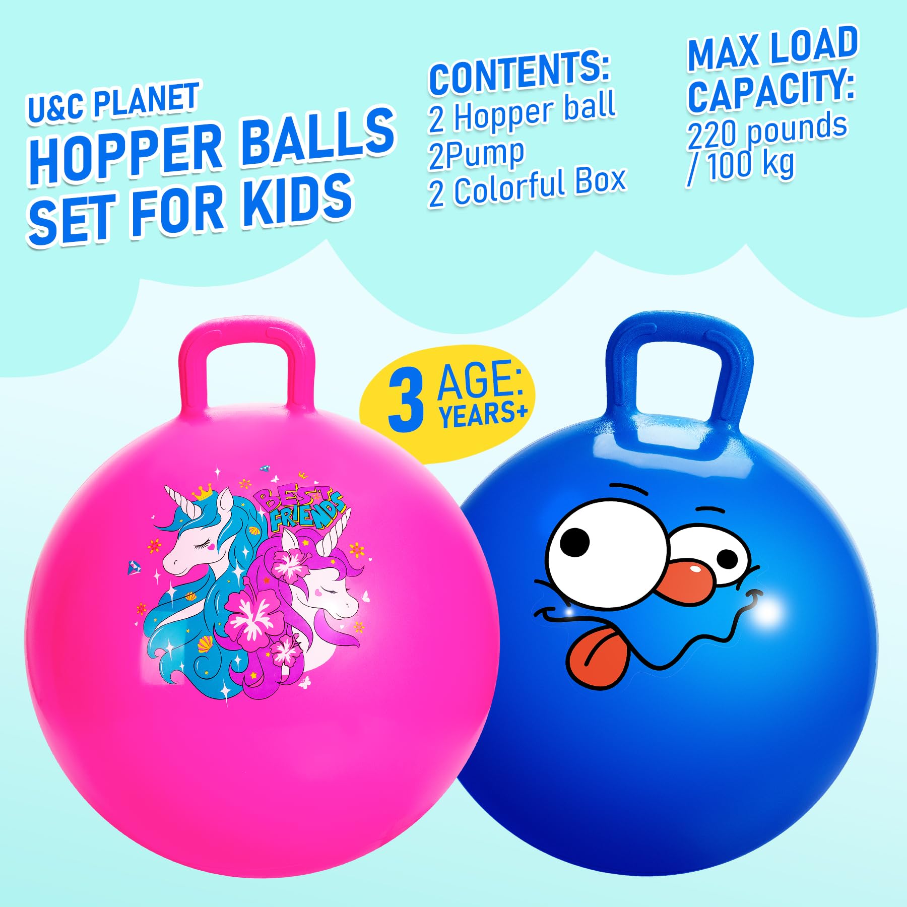 U&C Planet 2er-Pack Hüpfball Hopperbälle mit Griff Hopper Spielzeug für Kinder von 3-8 Jahren Garten Spiel Indoor & Outdoor Spiel Geschenke für Kinder - 3