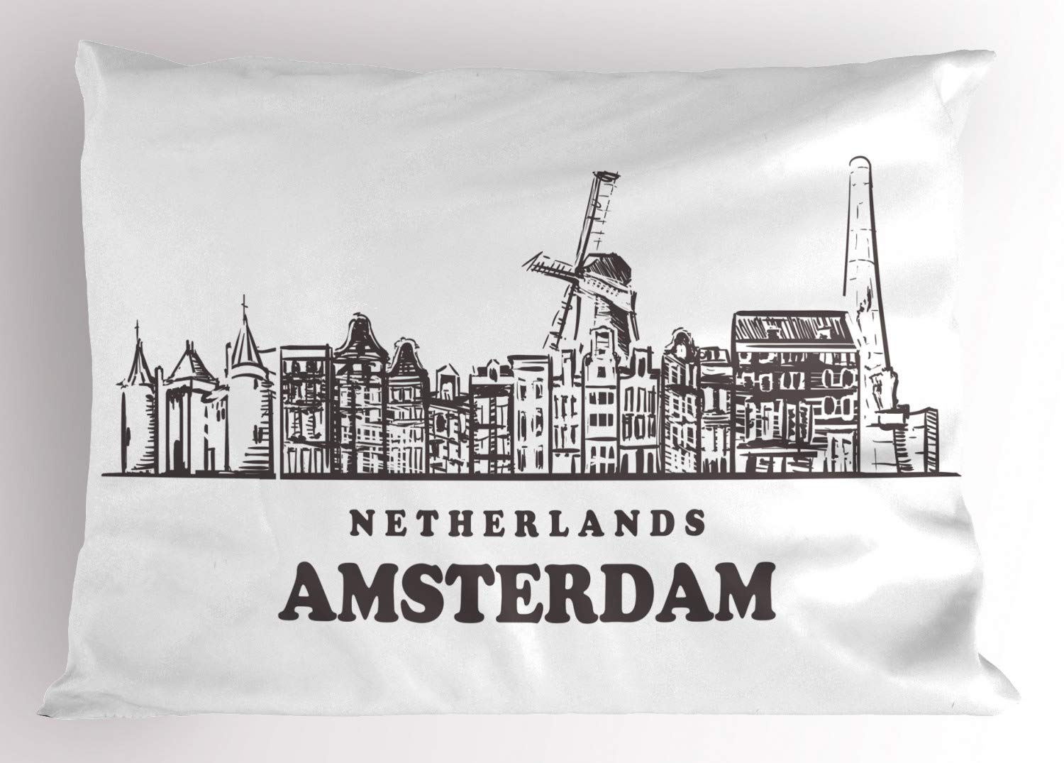 Ambesonne Amsterdam Pillow Sham Set of 2, Netherlands Calligraphy and Horizontal City Skyline on a Plain Background, Quality Microfiber Bedding Item for All Seasons, 30