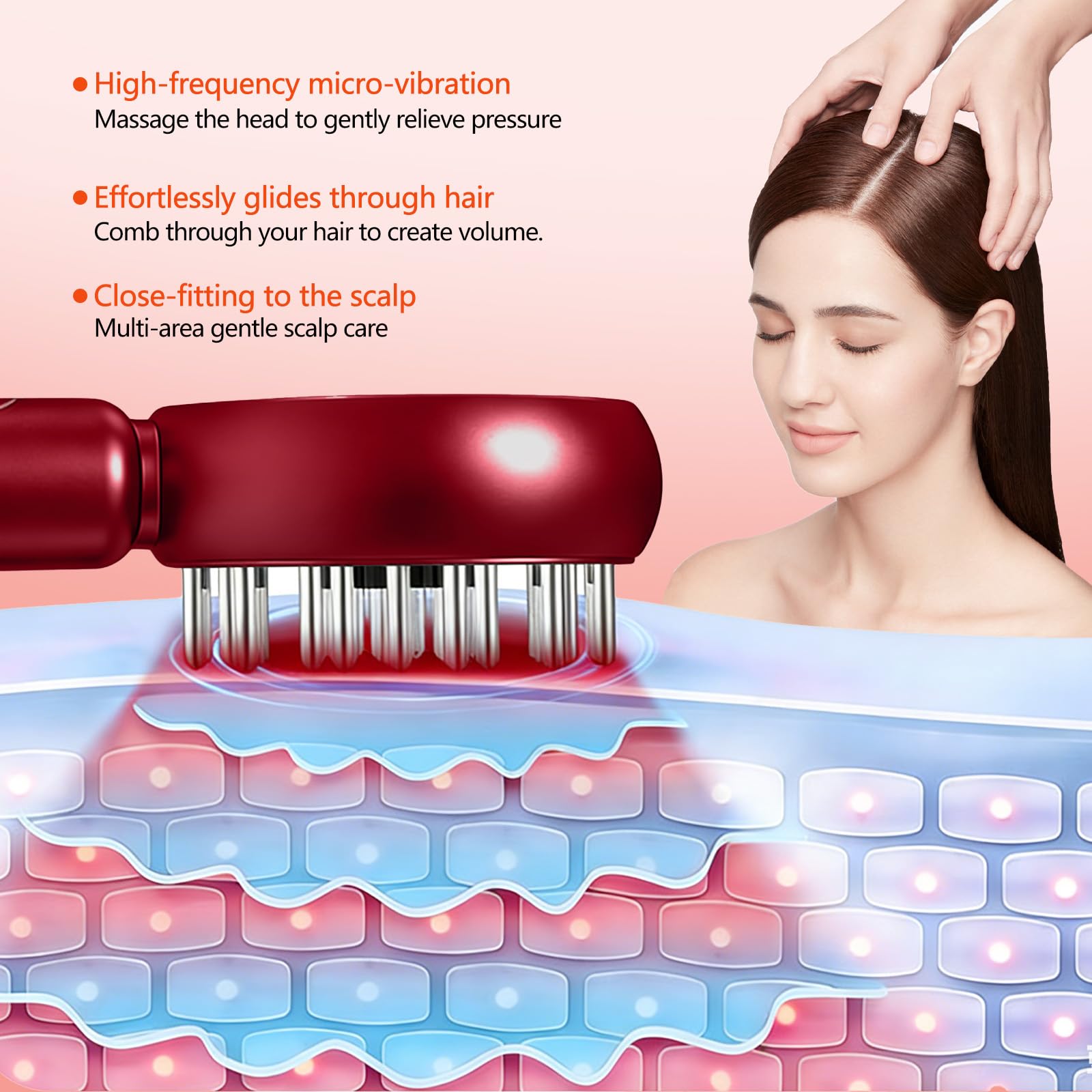 Spazzola elettrica per massaggio del cuoio capelluto, massaggiatore elettrico per cuoio capelluto 2 in 1, applicatore di olio per capelli con luce rossa, 4 modalità di massaggio e cura del (Rosso)
