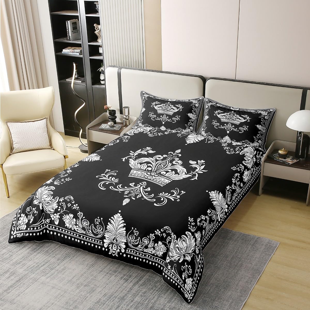 Castle Fairy White Damask 100% Cotton Duvet Cover Set Crown and Lace Floral Print Comforter Cover Set for Kids Bedroom Vintage Gothic Boho Plaid Black Bedding Comforter Cover Queen Size 3pcs
