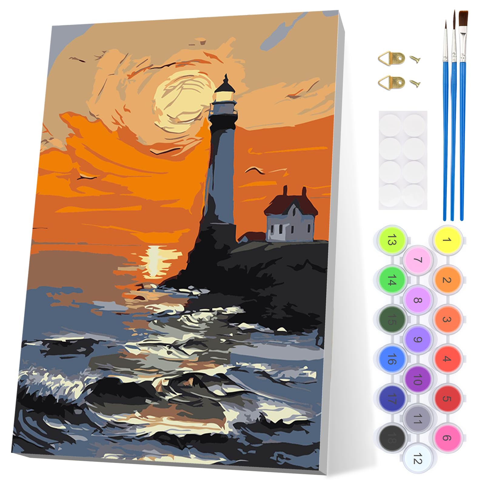 EOBROMD Lighthouse Paint by Numbers for Adults Beginner with Frame, Sunset Landscape Paint by Numbers Kits, Acrylic Easy Painting by Numbers for Gift Home Wall Decor 8x12in