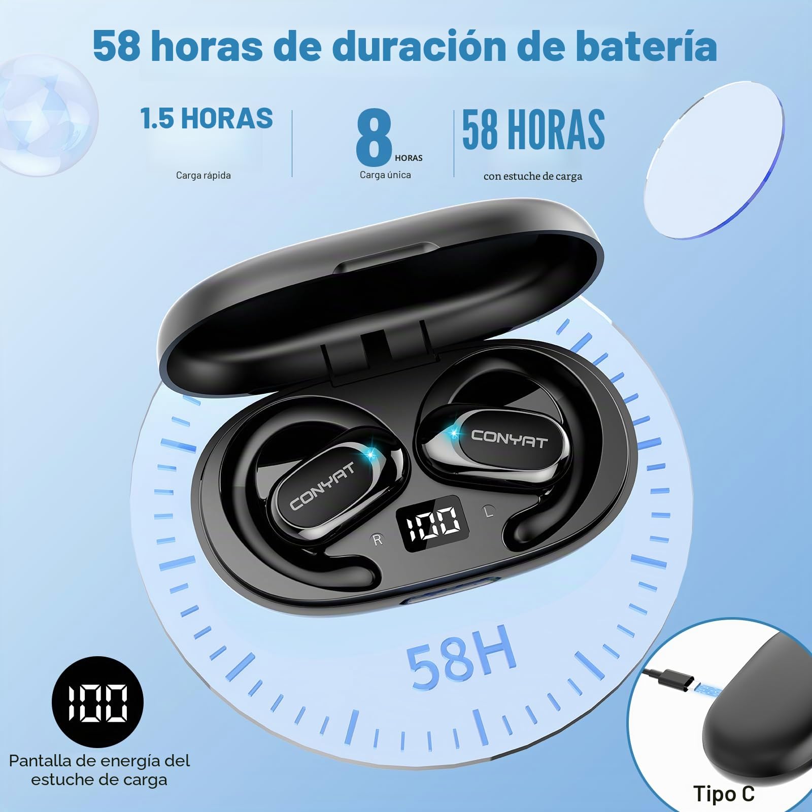Auriculares Oreja Abierta, 58H Auriculares Deportivos Bluetooth 5.4, HiFi Estéreo Cascos Inalámbricos, Ganchos Giratorios para Orejas, Llamada ENC, IPX7 Impermeable para Fitness Correr, Negro