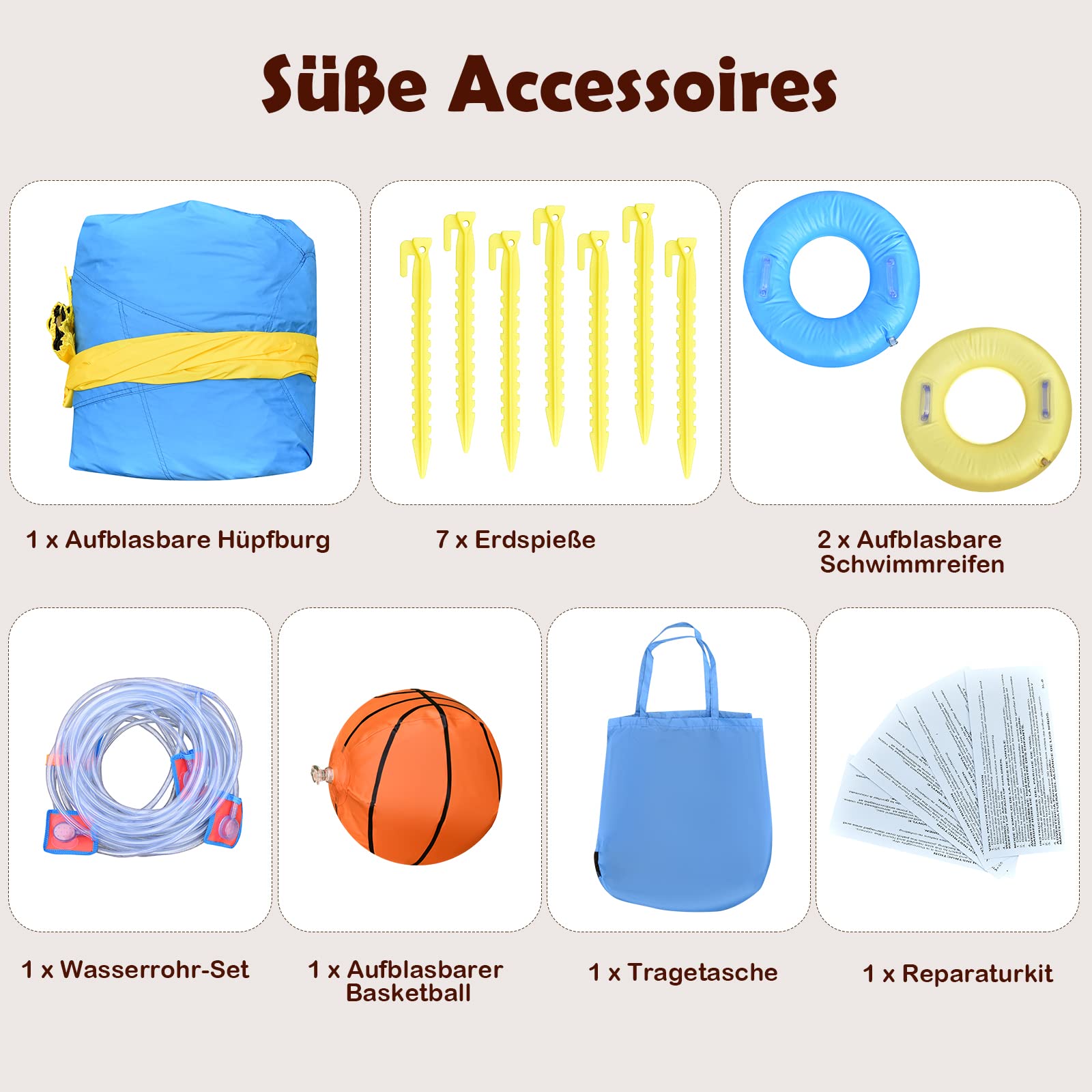 GOPLUS 7 in 1 Aufblasbare Hüpfburg, mit Rutsche, Kletterwand, Wasserbecken, Wasserpistole & Basketballkorb, Aufblasbare Wasserpark mit Tragetasche, für Kinder von 3-10 Jahren (Groß, Ohne Gebläse)