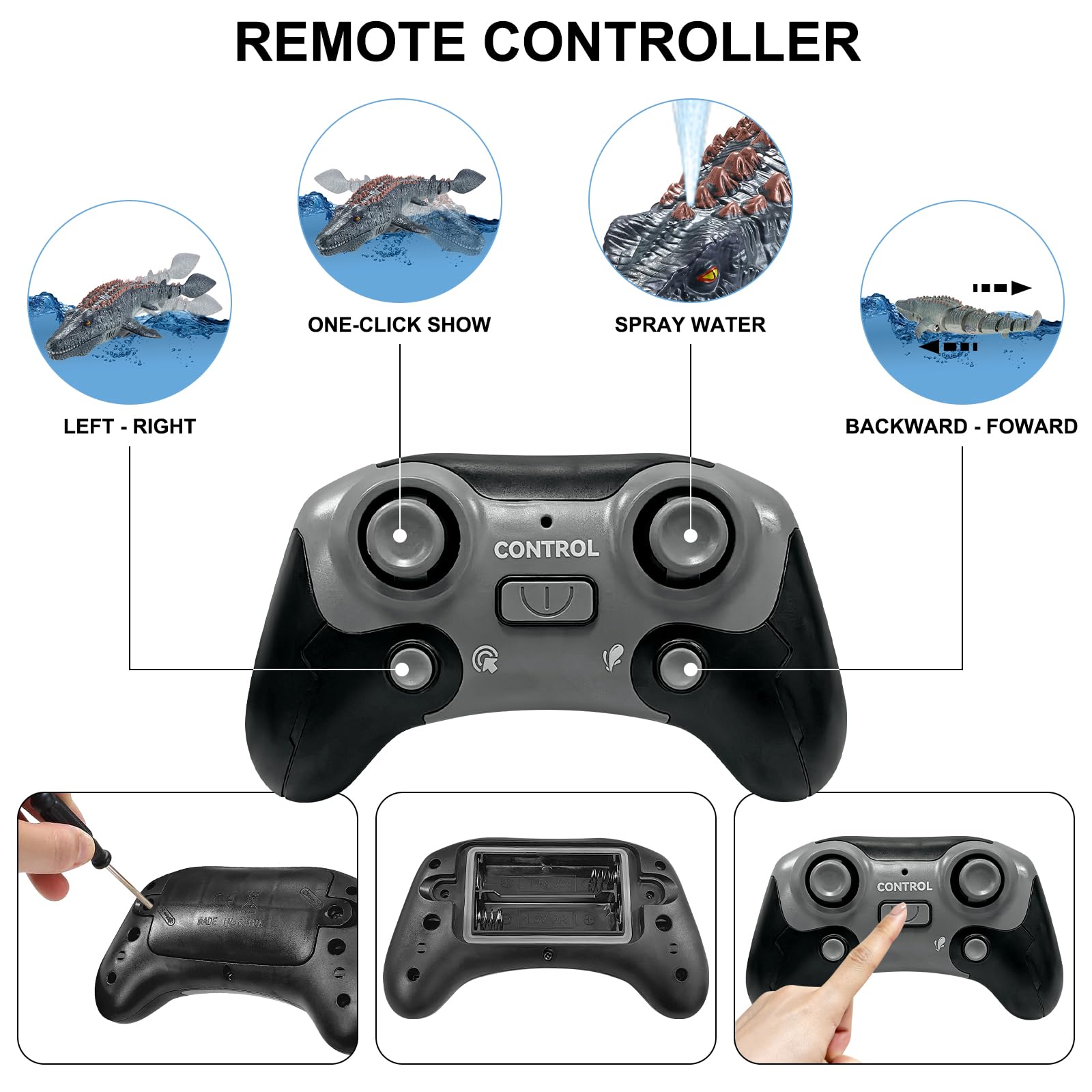 Juguetes Mosasaurus con Control Remoto para niños, Barcos Teledirigido, Barco de Dinosaurio Eléctrico RC con Agua pulverizada y luz para Piscina, Lago, baño, Juguetes de baño (Gris)