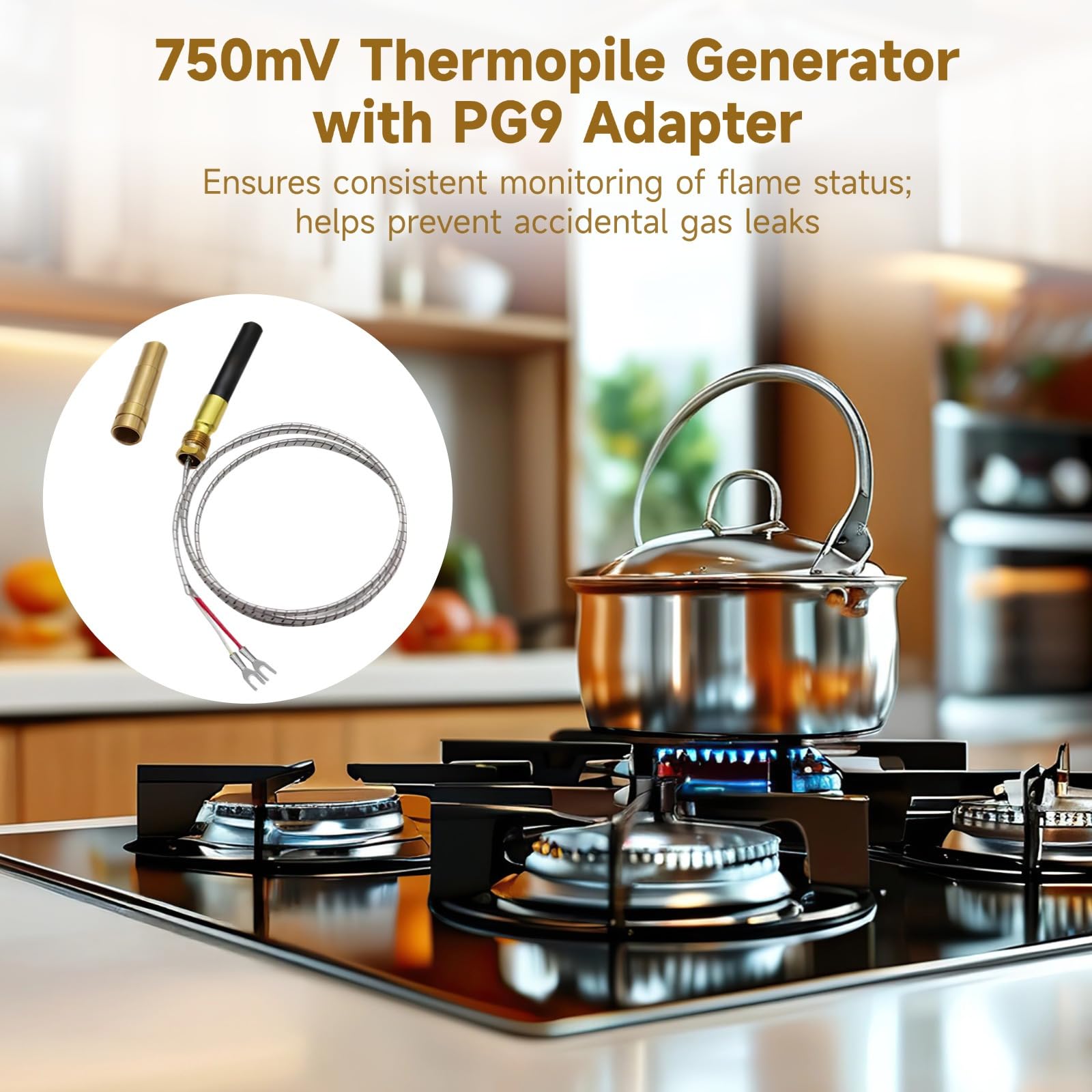 Generator termopala, wyjście 750 Mv, kabel 91.4 cm, uniwersalny zamiennik urządzeń gazowych, adapter Pg9 w zestawie