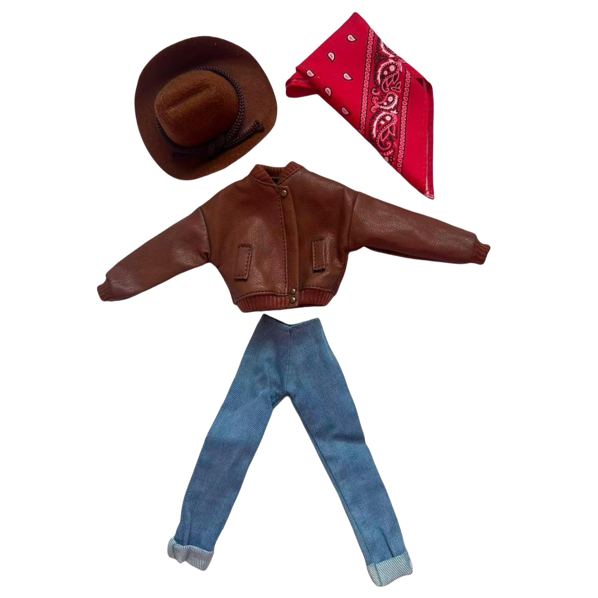 Doll Clothes Set, Western Style Outfit with Brown Leather Jacket, Blue Jeans, Cowboy Hat and Red Bandana for 11.5-12 Inch Fashion Dolls