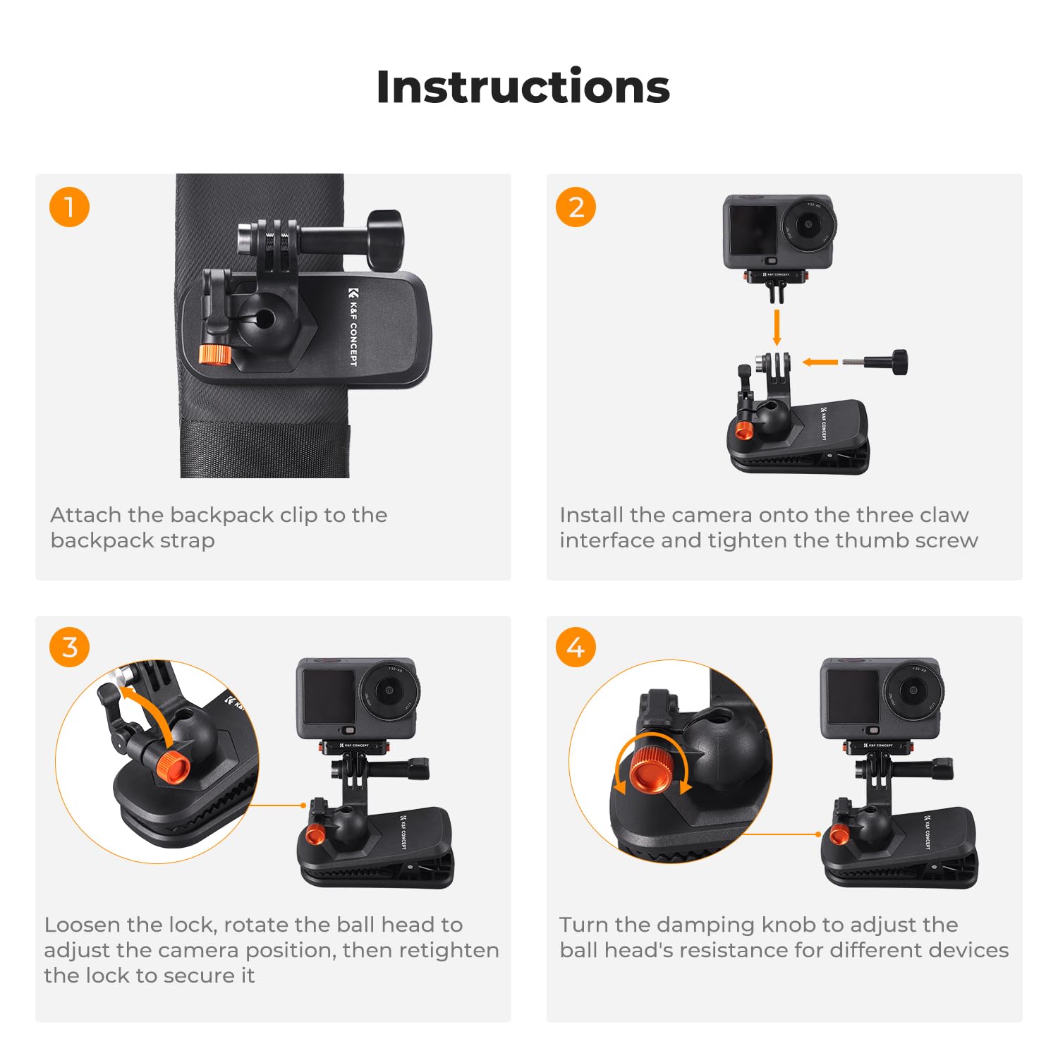 K&F CONCEPT Support Pince Magnétique pour Sac à Dos, Rotule à 360°, Compatible avec DJI Osmo Action 6/3/4/5 Pro, GoPro Hero 13-9 Noir, Insta360 X5/X4/X3 - Support pour Caméra d'action