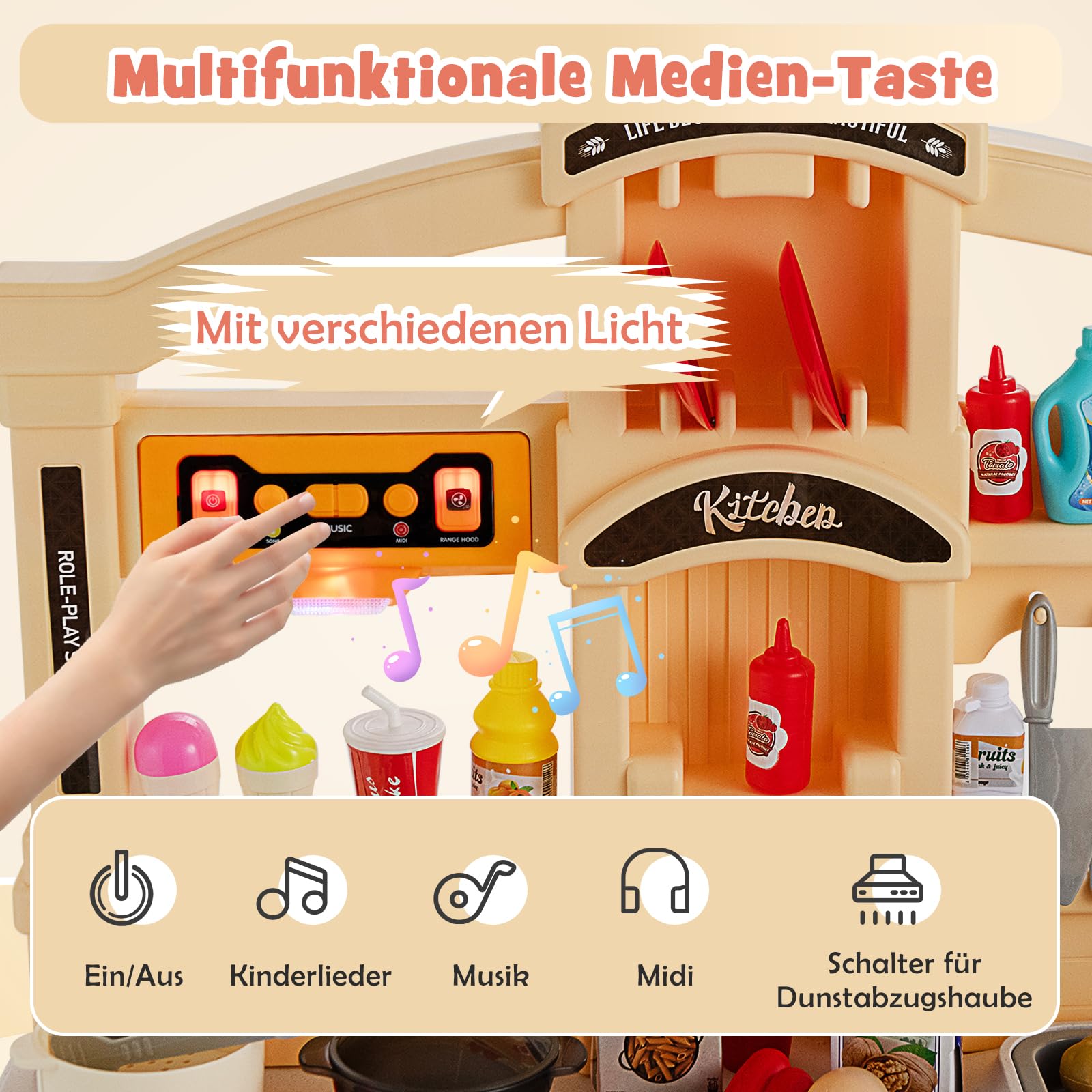 DREAMADE Kinderküche mit 42 TLG. Zubehör, Kinderspielküche mit Licht und Sound, Dampf, Wasser, Spüle, Wasserhahn, Herd, Backofen, Spielzeugküche, Spielküche für Kinder ab 3 Jahren (Orange)