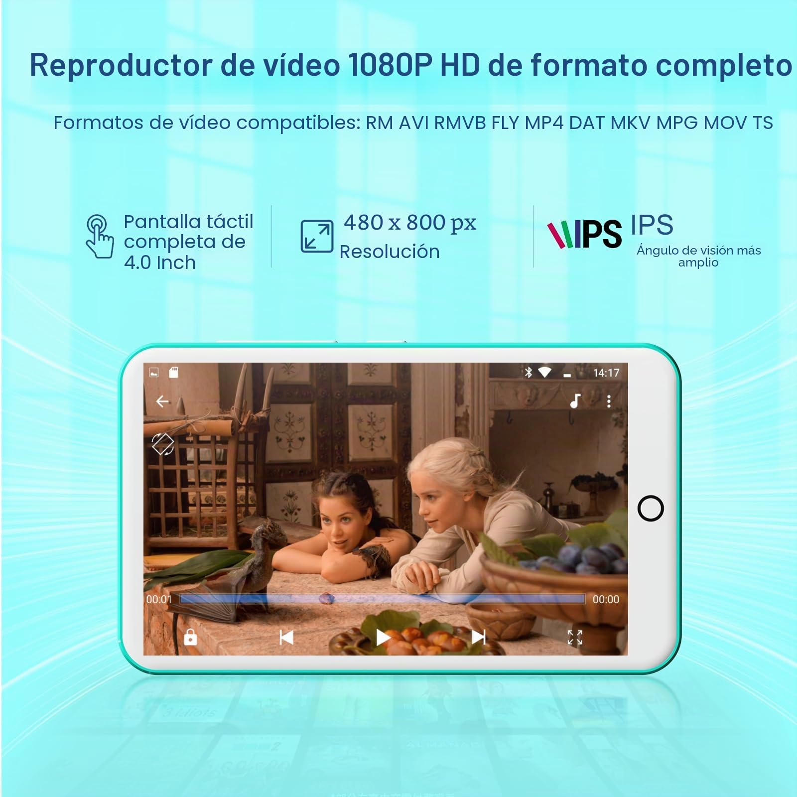 Reproductor de MP3 con Bluetooth y WiFi, Oilsky 80GB 4'' Android 9.0 Mp3, 1080P Pantalla táctil MP4, Reproductor de Música Portátil con Spotify, Audible, Deezer (Cian)