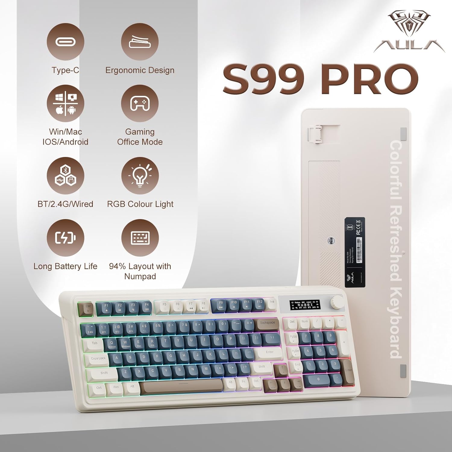 AULA S99 Pro Keyboard showcasing its 16.8 million RGB backlighting with various colors illuminating the keys.