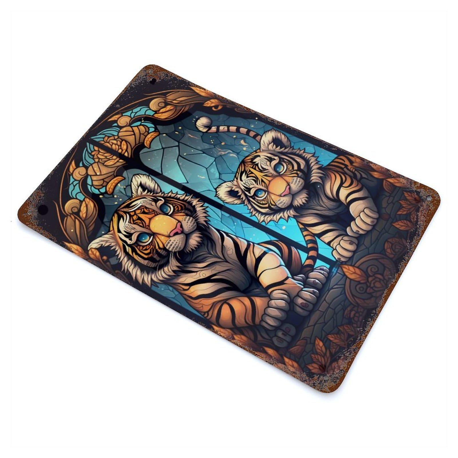 Tiger Otherworldly 11.8"x7.9" Rust Effect Tin Sign, Rustic Home Decor for Office, Studio And Wall Decor