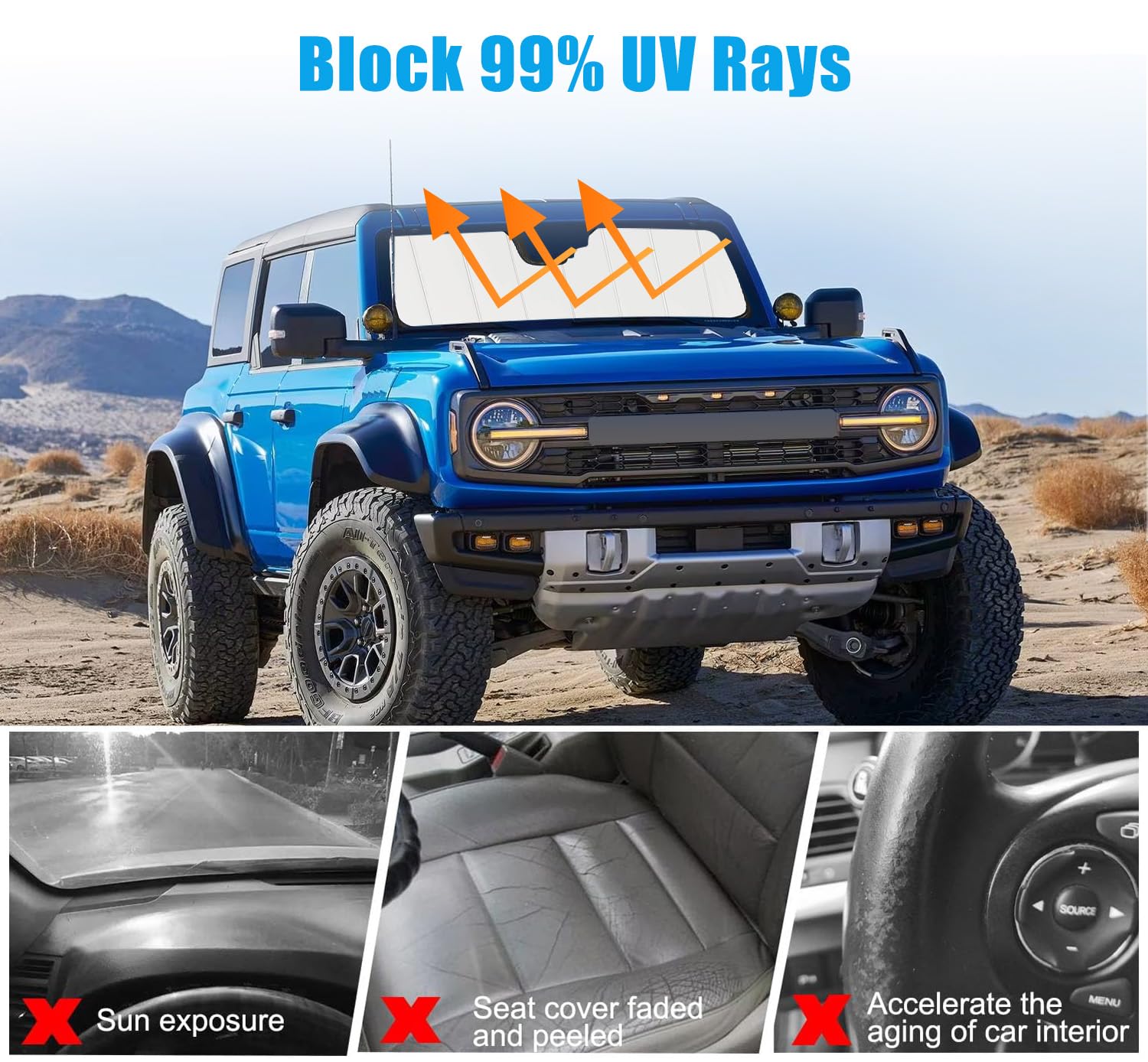 Windschutzscheiben-Sonnenschutz, kompatibel mit Ford Bronco Zubehör 2021-2025, Frontscheiben-Sonnenschutz, faltbar, Sonnenblende, schützt UV-Strahlen