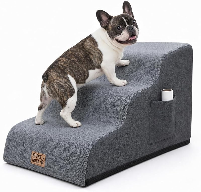 Escada de 3 Degraus para Cães Pequenos e Gatos NOFKYNOXA, Espuma de Alta Densidade com Capa Lavável e Bolso Lateral, Cinza, 56,9 x 39,9 x 39,9 cm