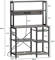 Vista 3 de SUPERJARE Estante para panaderos con toma de corriente, barra de café de 35.4 pulgadas con canasta de alambre, soporte de microondas de cocina con 6