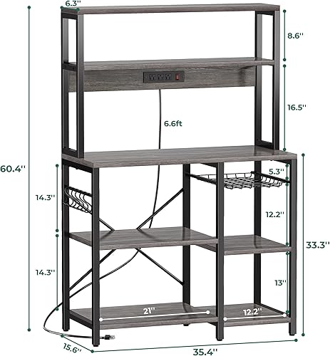 Miniatura 3 de SUPERJARE Estante para panaderos con toma de corriente, barra de café de 35.4 pulgadas con canasta de alambre, soporte de microondas de cocina con 6