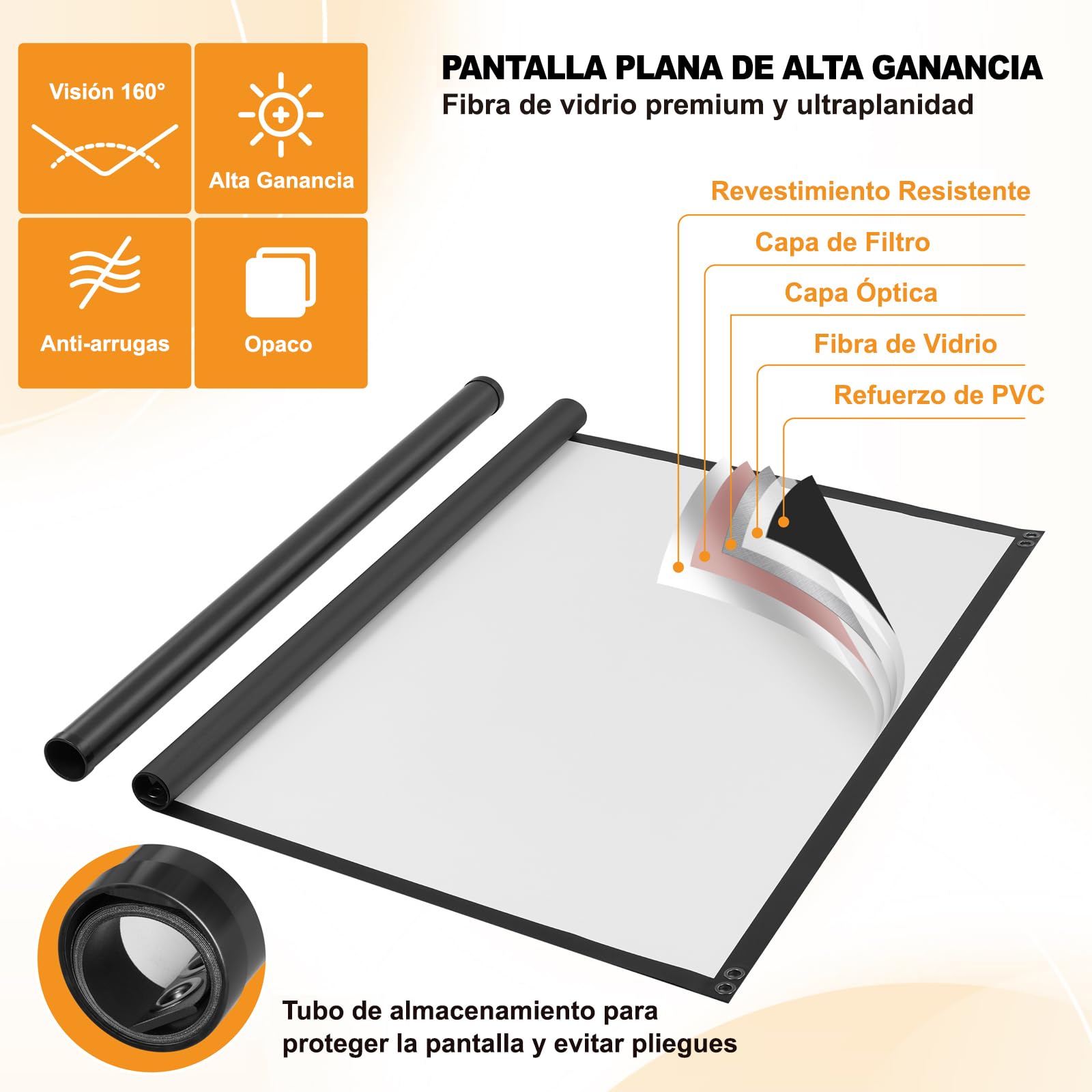 Pantalla de Proyección Exterior 80 Pulgadas 16:9 4K Portátil Resistente al Viento para Cine en Casa y Camping