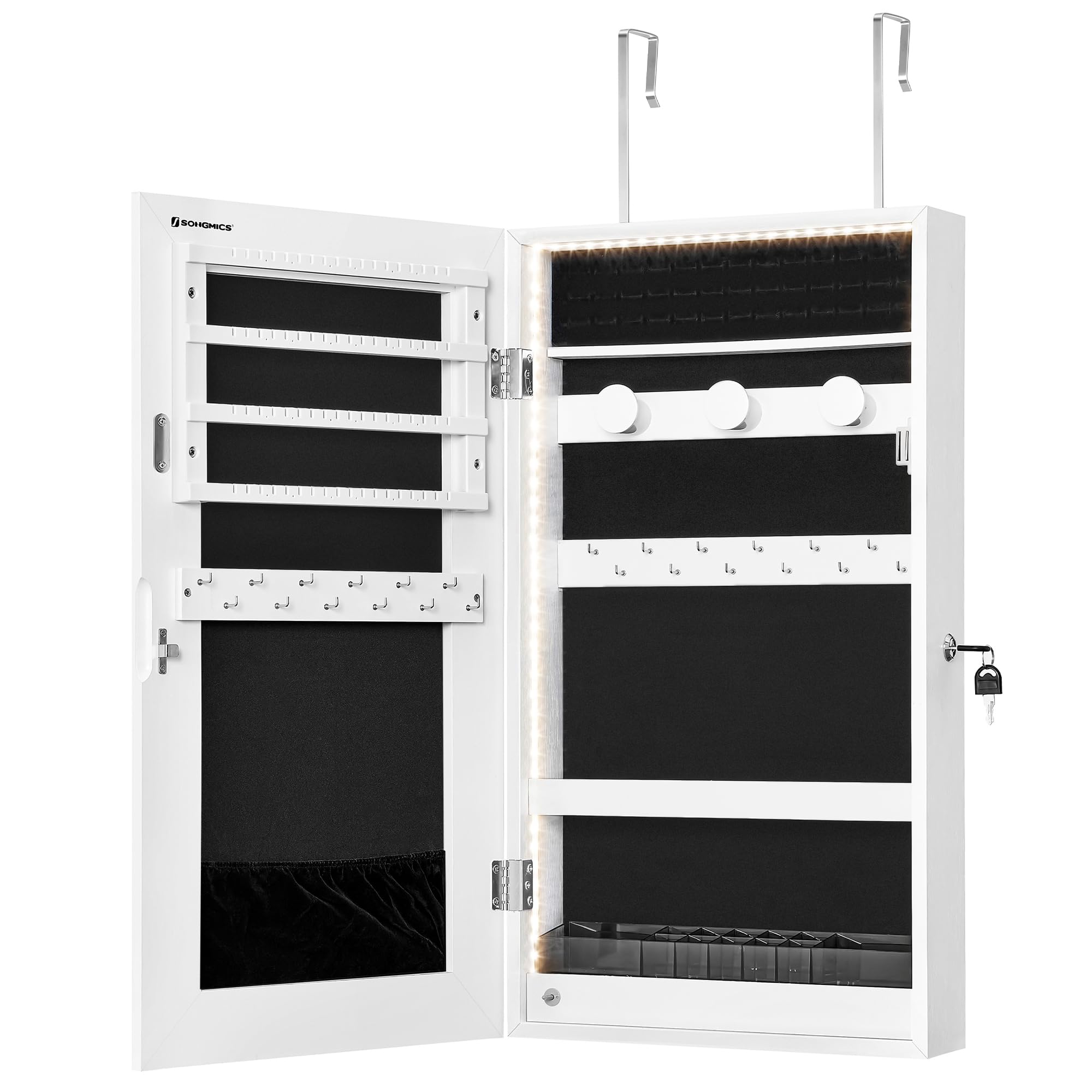 SONGMICS Specchio Portagioie con Luce LED Incorporata, Armadietto Portagioielli da Parete o Porta, 9,7 x 37 x 67 cm, Mobiletto Porta Gioie, Idea Regalo, Bianco JJC050W01