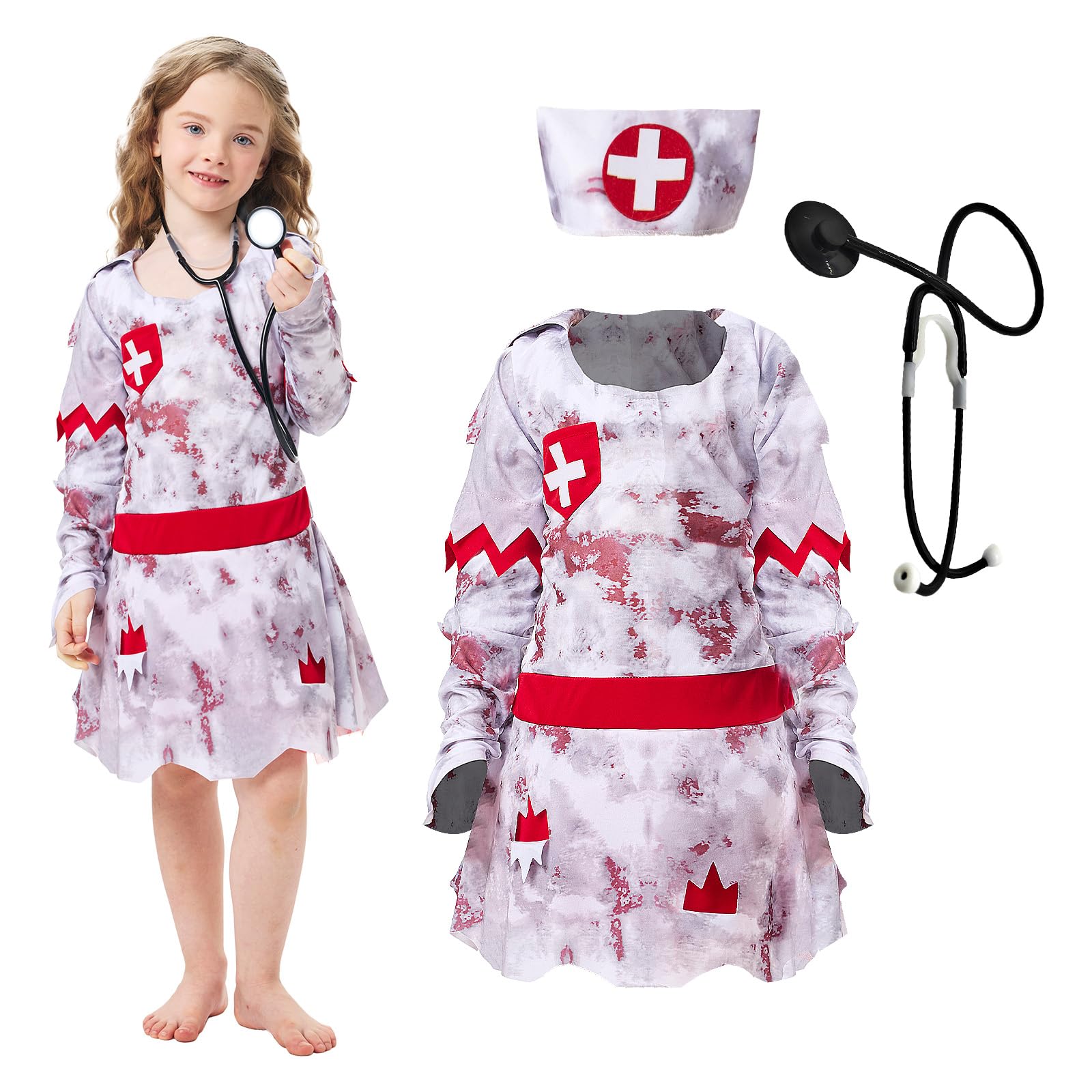 AENEY 2PCS Scary Zombie Nurse Costume Kids, Girls Bloody Dress with Stethoscope Props - Image 2