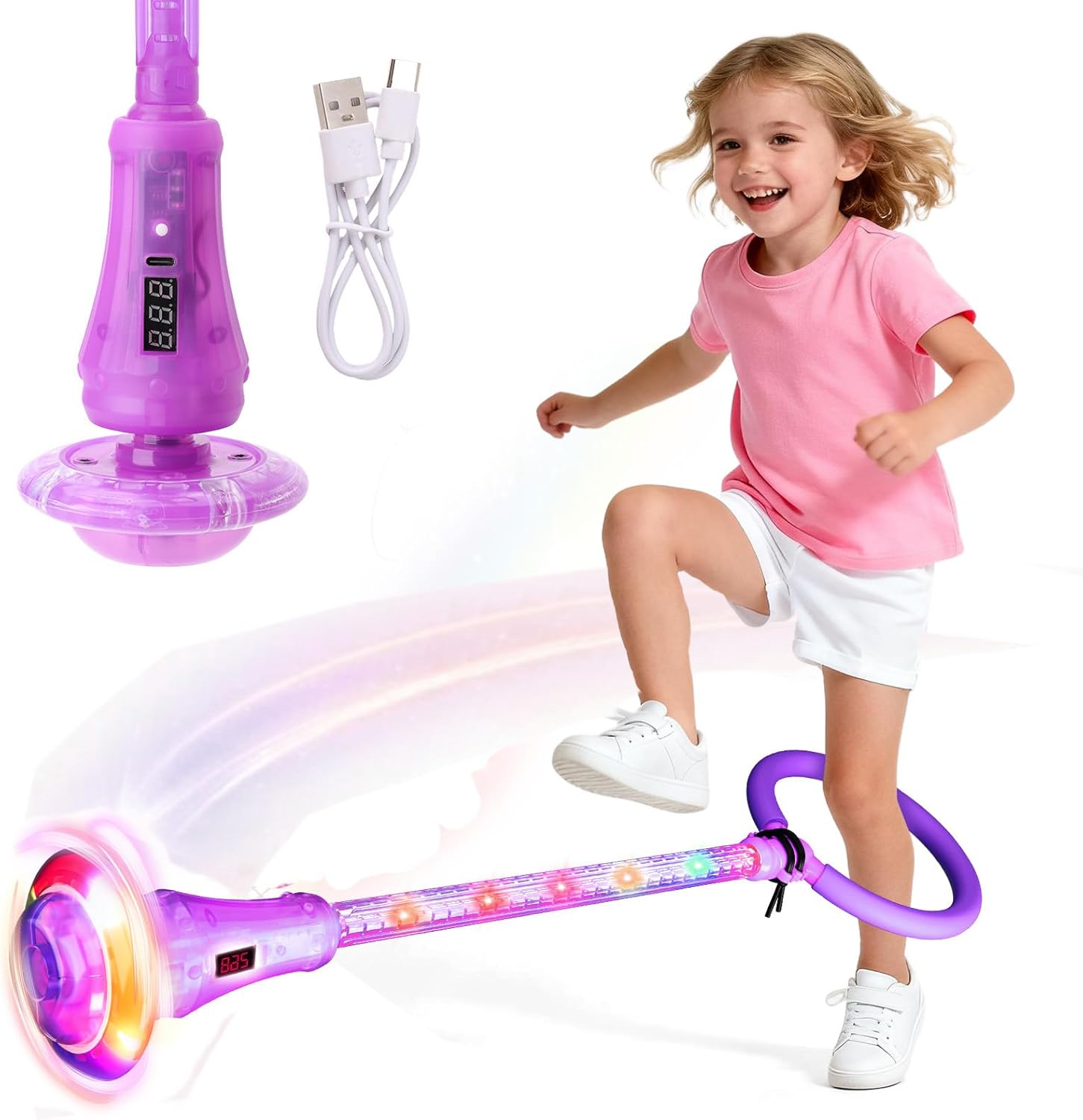 Skip Ball for Kids, Foldable Skip Ball Toy for Girls with Counter- Laps Flashing Light-Up Wheel & Rod, Birthday Gifts for Girls 6-10 Outdoor Toys (Pink, Illumination + Counter)