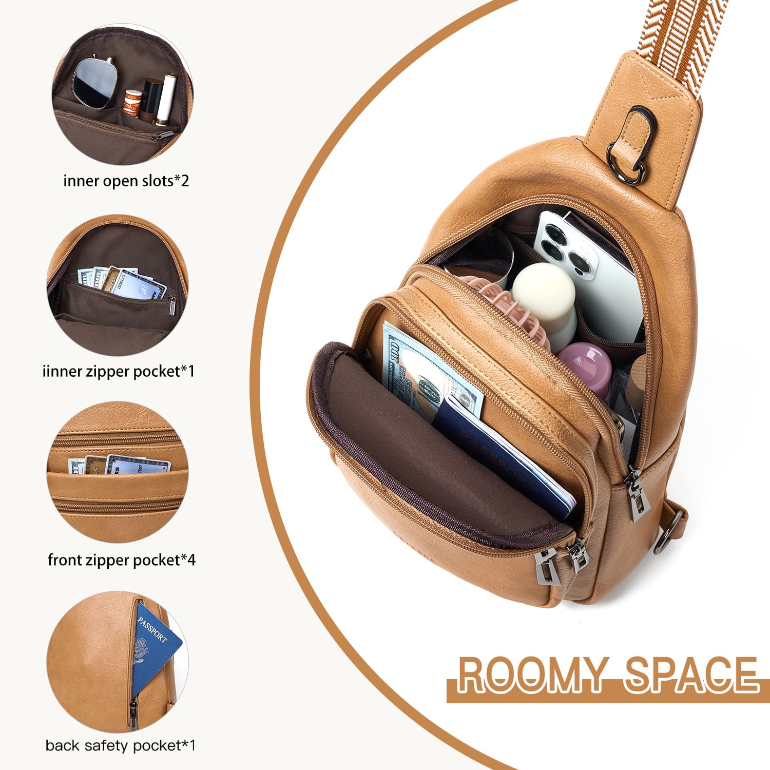 Leresas Bolsa bandolera de 7 L para mujeres y hombres, 4 bolsillos con cremallera, bolsa cruzada de moda, riñonera, mochila de cuero vegano para viajes