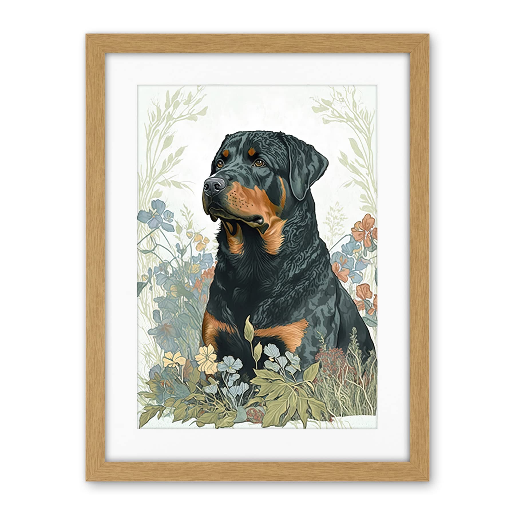 Artery8 Rottweiler Dog Sitting in Flower Field Modern Watercolour Illustration Artwork Framed Wall Art Print 18X24 Inch