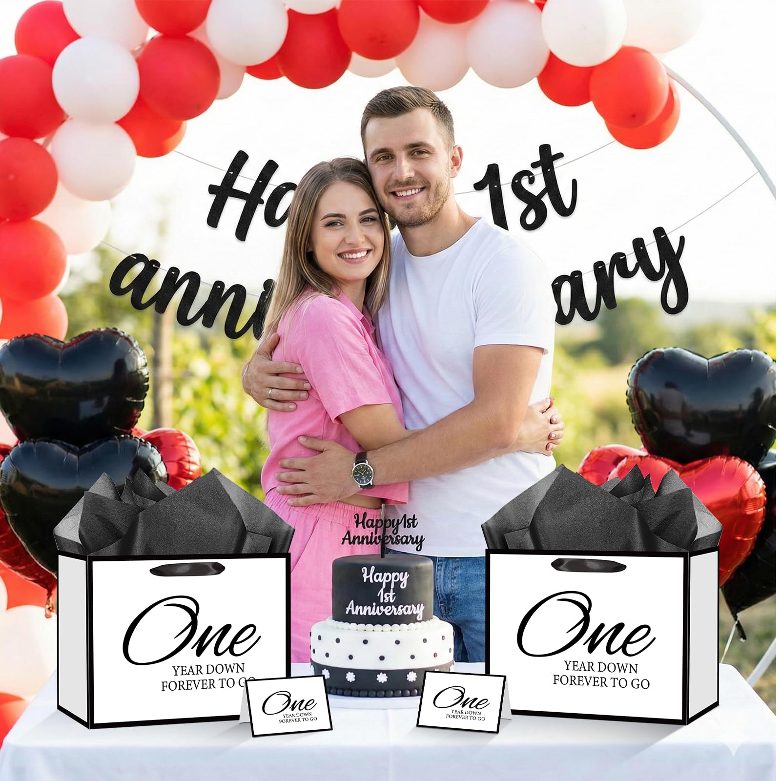 TagreSpike 1st Anniversary Paper Gift Bag with Tissue Paper and Card - Large One Year Down Forever to Go Wrapping Bag - Black and White Paper Anniversary Party Supplies for Husband Wife