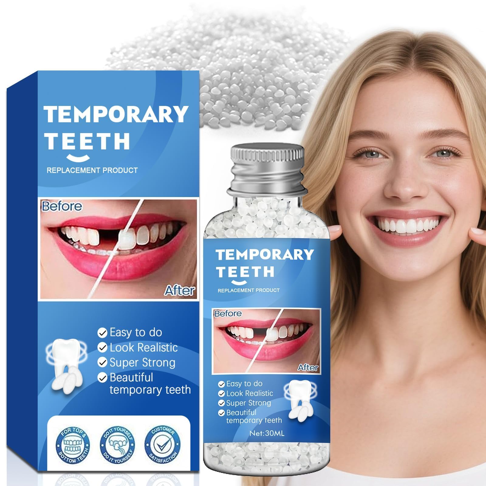 Tooth Repair Kit, Moldable False Teeth Beads for Teeth Repair, Suitable for Missing, Cracked DIY Denture Kit, 4PCS