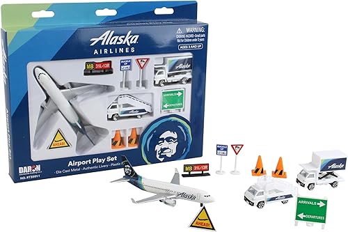 Daron Alaska Airlines Airport Playset con modelo de avión de metal fundido a presión con piezas de plástico, autos y juguetes de transporte para