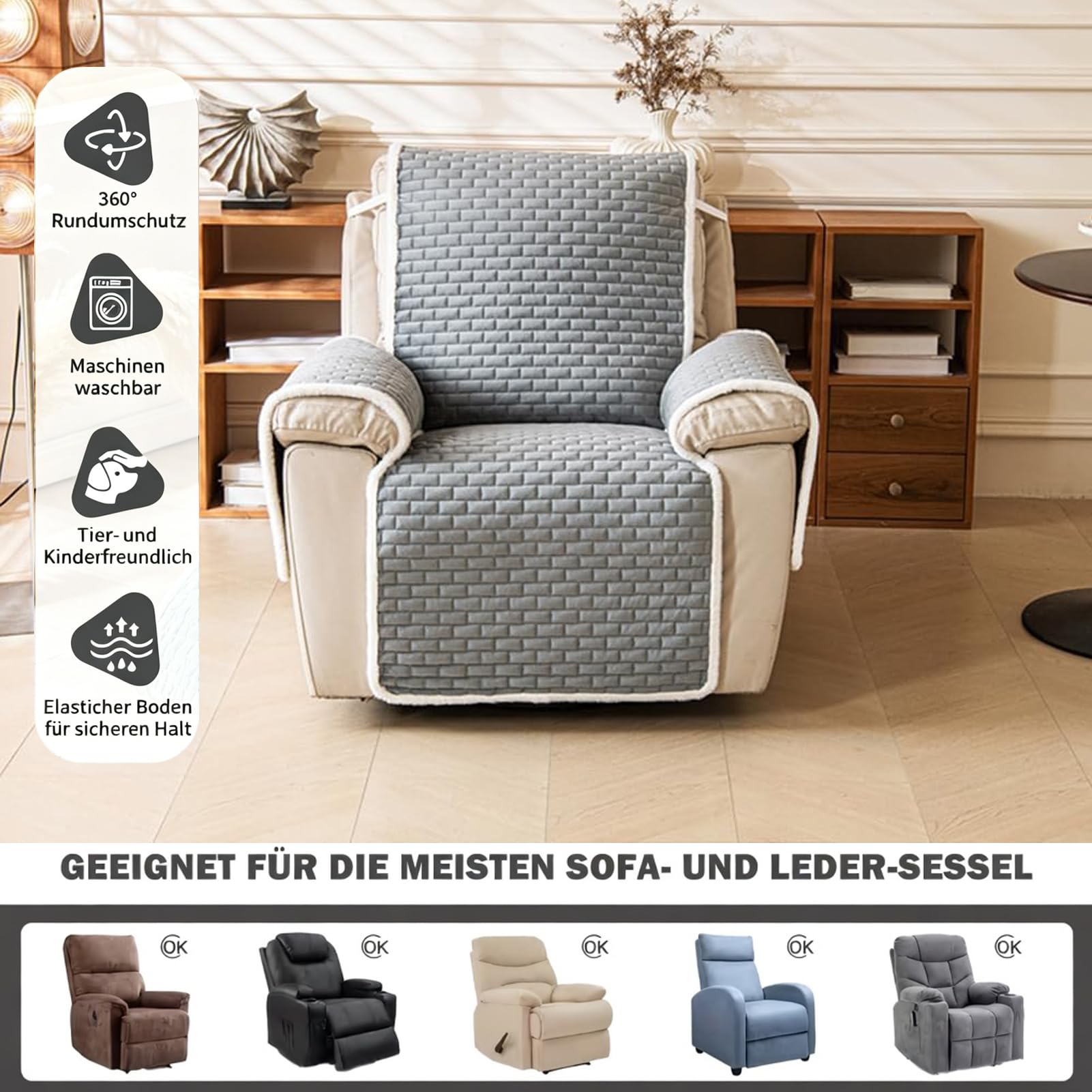 Sesselschoner für Relaxsessel Sesselüberwurf mit Armlehne - Anti-Rutsch Relaxsessel Bezüg Sesselüberzug für Zuhause mit Kindern und Haustieren Hund (Grau)
