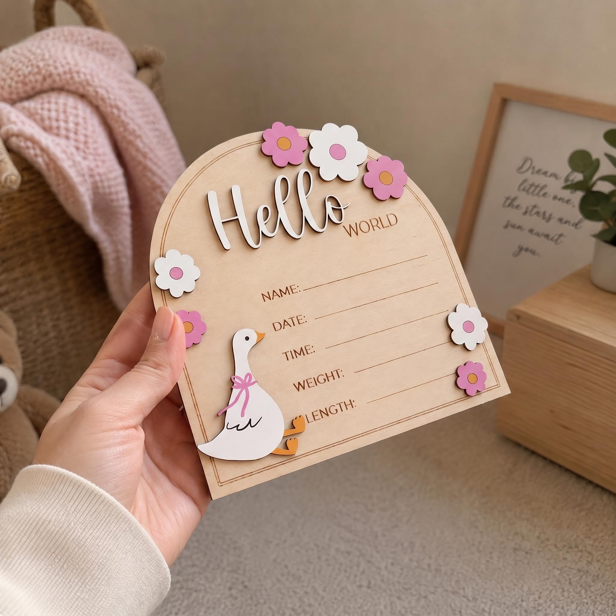 Baby-Ankündigungsschild, Hello World Neugeborenen-Plakette, hölzerne Geburt, Requisite, Krankenhausfotografie, Dekoration, Kinderzimmer-Dekor (Rosa D34)