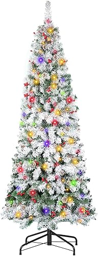 Miniatura 8 de BRINJOY Árbol de Navidad preiluminado de 6 pies, árbol de Navidad artificial flocado con conos de pino, 608 puntas de rama, 250 luces multicolor,