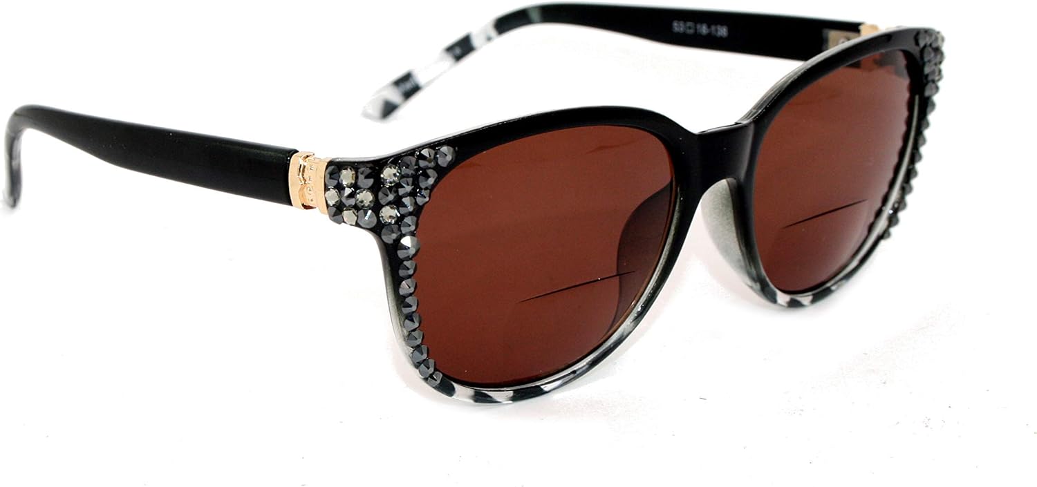 Sunset Blvd, Bifocal Sunglasses, Sun Readers Women Bling with Hematite and Black Diamond Genuine European Crystals +1.25 +1.50 +1.75 +2 +2.25 +2.50 +2.75 +3 Black + Tortoise. NY Fifth Avenue.