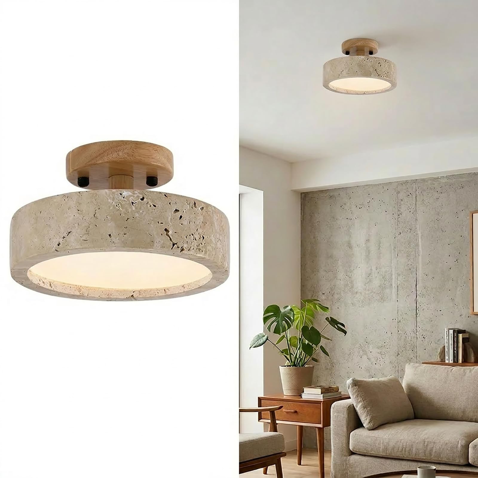 Japanese Light Fixture Semi Flush Mount Ceiling Light Natural Travertine Stone Shade Solid Wood Base Nordic Minimalist Ceiling Lamp for Hallway Entryway Kitchen Bedroom Living Room Lighting(B)