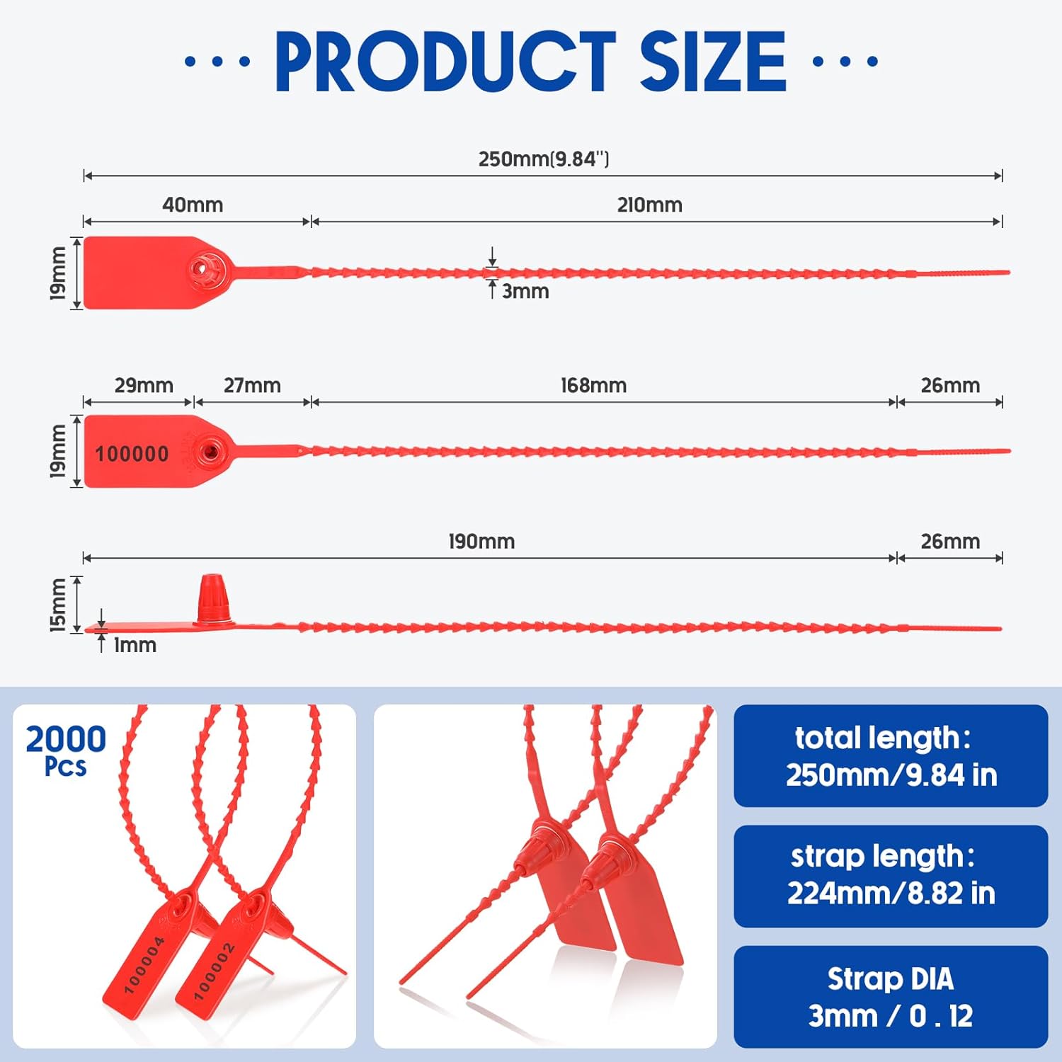 Roowest 2000 Pcs Plastic Tamper Seals Security Tags Seals Safety Numbered Zip Ties Fire Extinguisher Tamper Tags Disposable Self Locking Signage 250 mm Length(Red) - Image 2