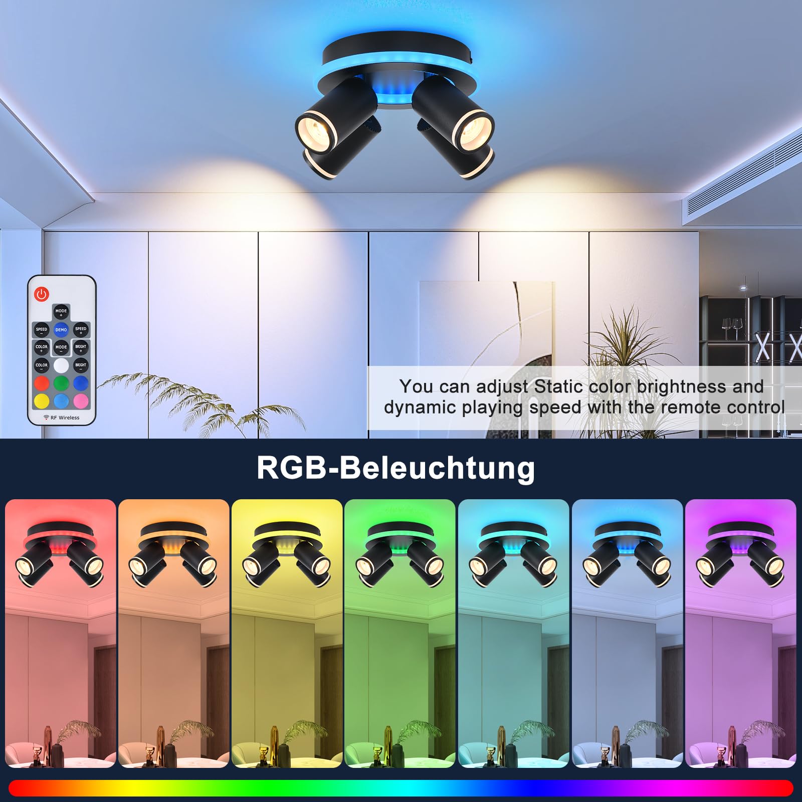 SANSHI Deckenlampe LED Dimmbar mit Fernbedienung,RGB Farbwechsel,Schwarz | Schwenkbar 350° Deckenleuchte,4 Flammig Rund Deckenstrahler,unteres Glühen 14W+4x5W GU10 spots,Modern Lampe Decke für Küche