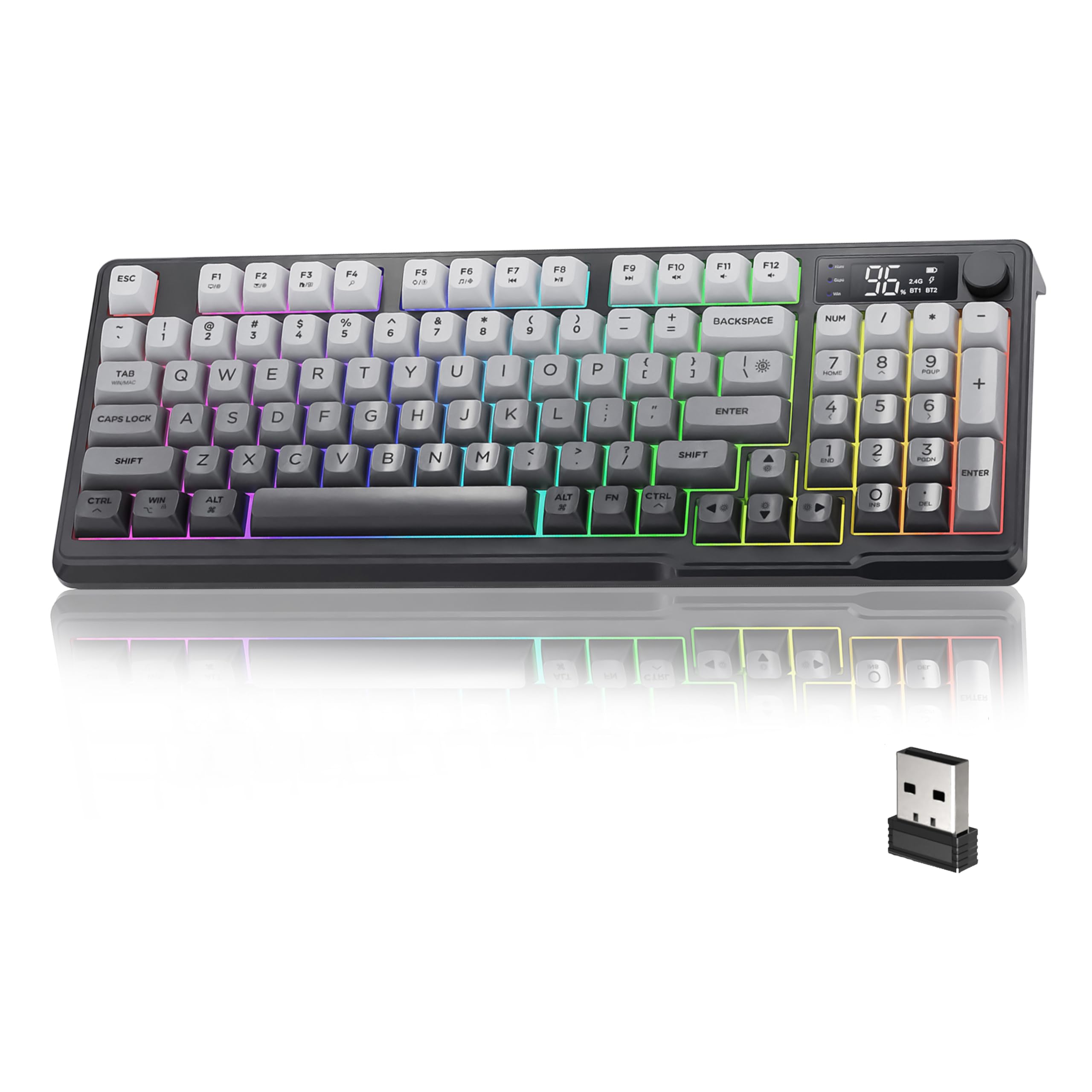 ATTACK SHARK x FREE WOLF M96 ゲーミングキーボード、メンブレンキーボード、ワイヤレス2.4G/Bluetoothダブルモード無線キーボード、PBT 三色パッチワークキーキャップ、RGBキーボード、96キー配列、ボリュームノブや電子ディスプレイ付き、3000mAhバッテリー、iOS/Android/Mac/Windows対応の仕事PC用 オフィス グレ