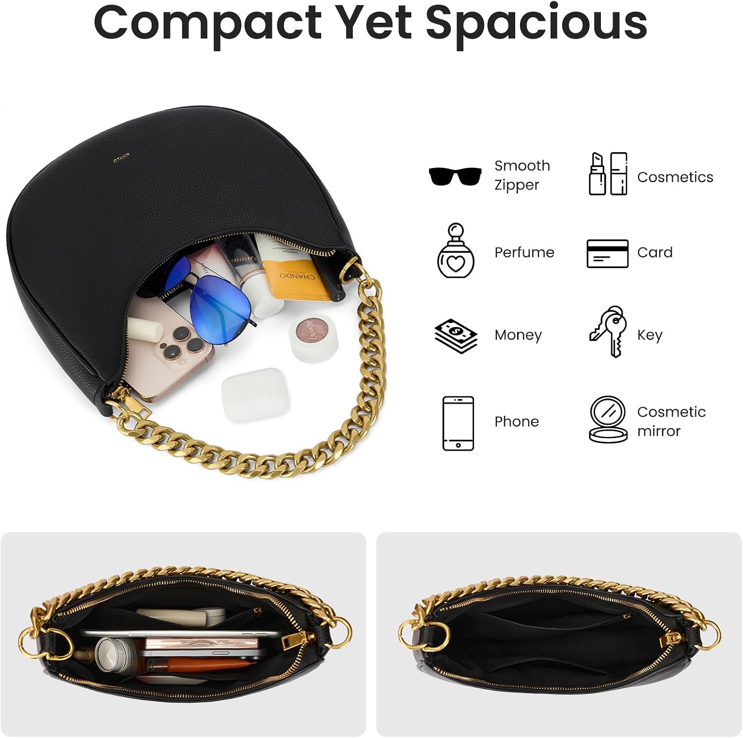 Crescent Shoulder Bag for Women, Small Purse Hardware Chain Leather Handbag image 4