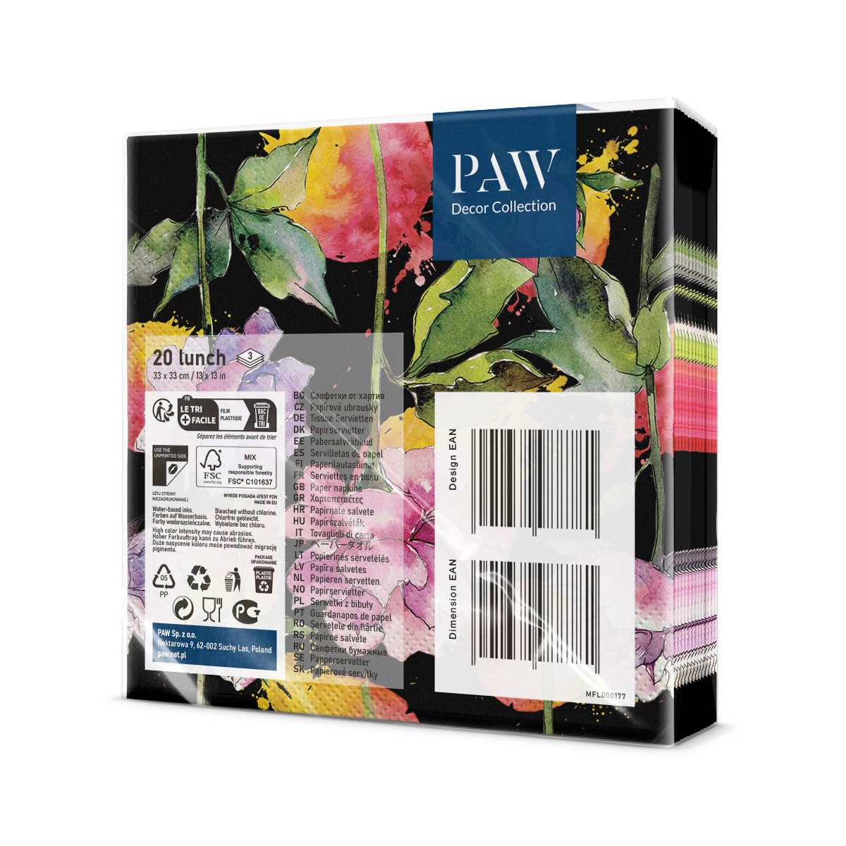 Serviettes En Papier 3 Plis PAW - Motif Fleur Abstraite Zen - Lot De 20 - 33x33 Cm - Pour Fêtes Et Décoration De Table