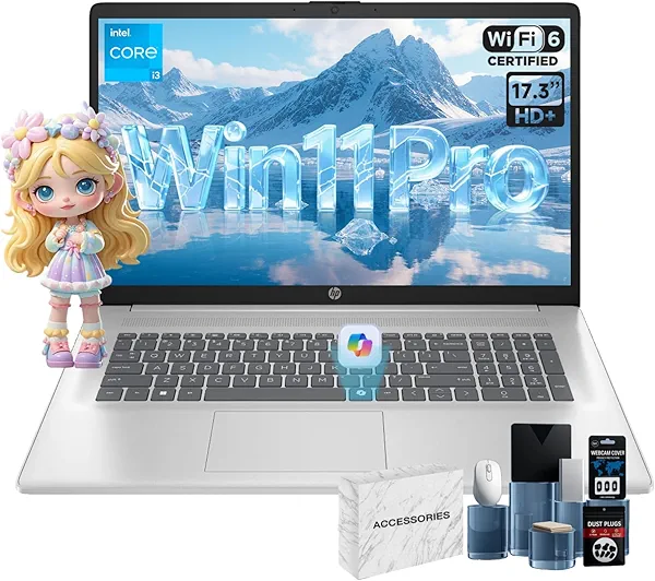 HP 17 Laptop, 17.3" HD+ Anti-Glare Display, Intel 8-Core i3, 32GB RAM, 1TB SSD, Windows 11 Pro, Copilot AI Key, Numeric Keypad, WiFi 6, w/Accessory
