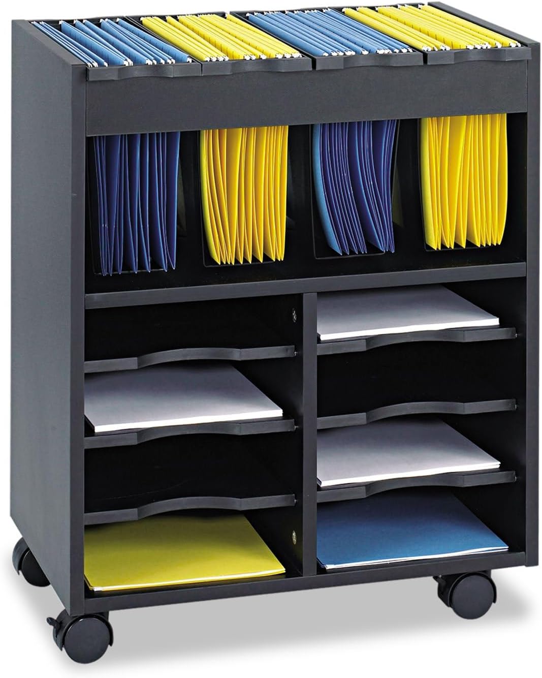 Scranton & Co Mobile File Cart, 8 Compartments, Particleboard with Laminate Finish, Removable Tubs, Black, Letter Size Storage, Adjustable Shelves, Locking Casters, Office Filing Solution