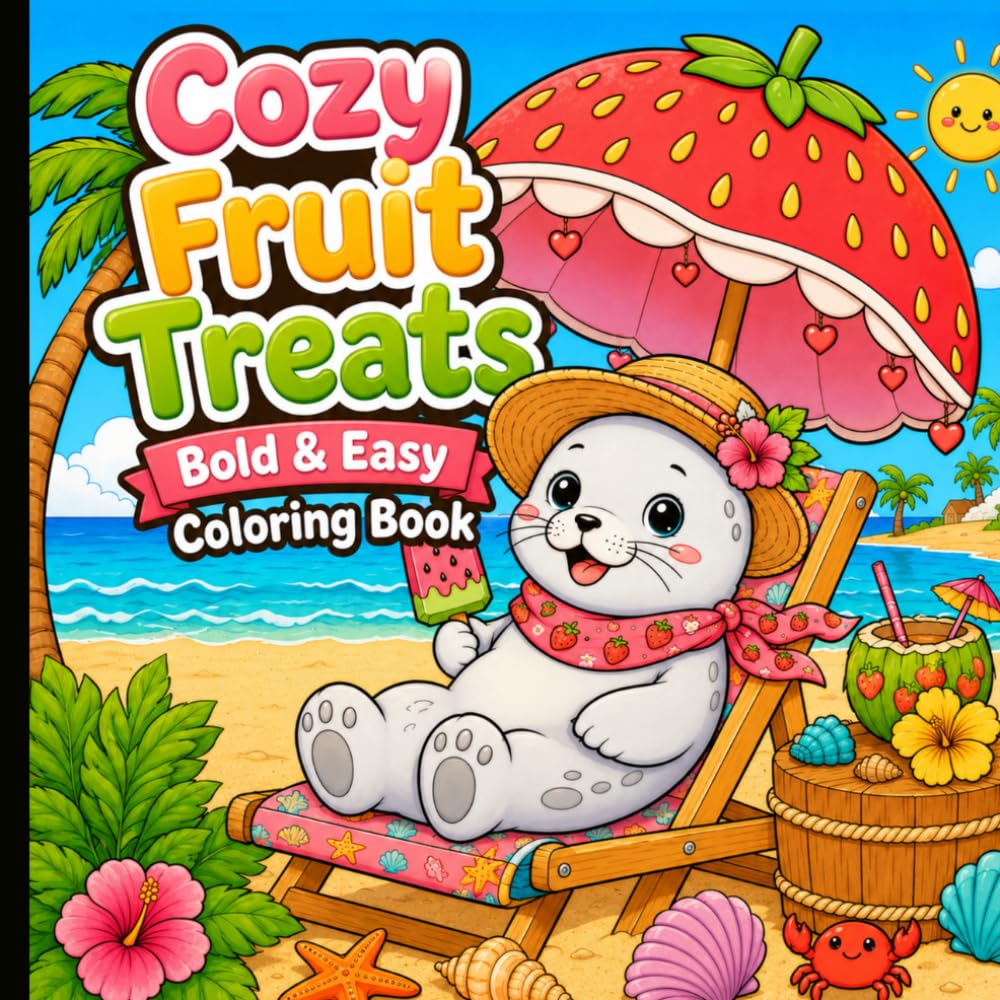 Bold and Easy Cozy Fruit Treats Coloring Book: With Lovable Kawaii Animal Characters, Whimsical Scenes, and Creative Fun.