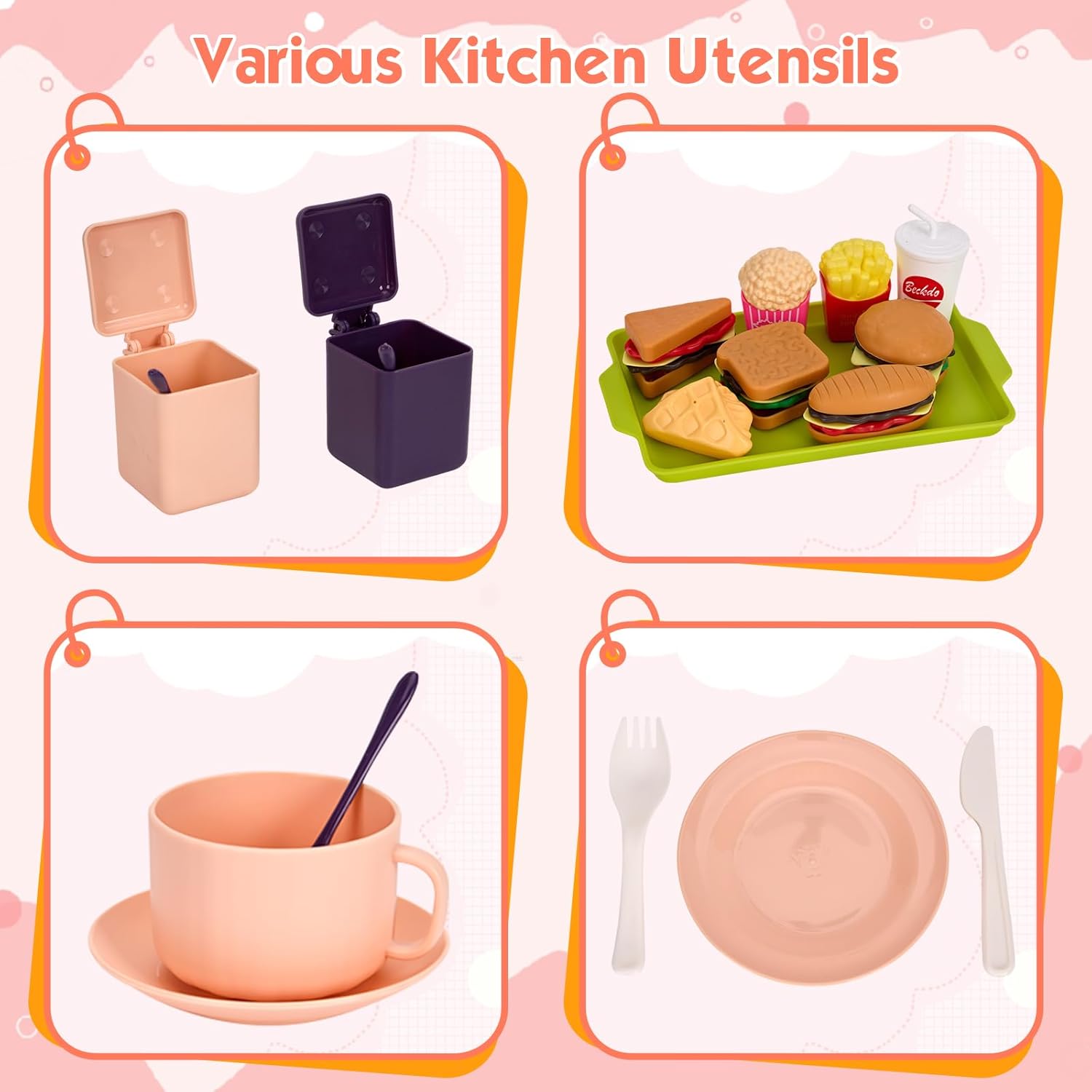 118Pcs Mini Play Kitchen Accessories for Kids, Pretend Cooking Playset with Cookware, Tableware & 2 Fruit Sets, Learning Gift for Girls, Boys, Toddlers, Pink - Image 7