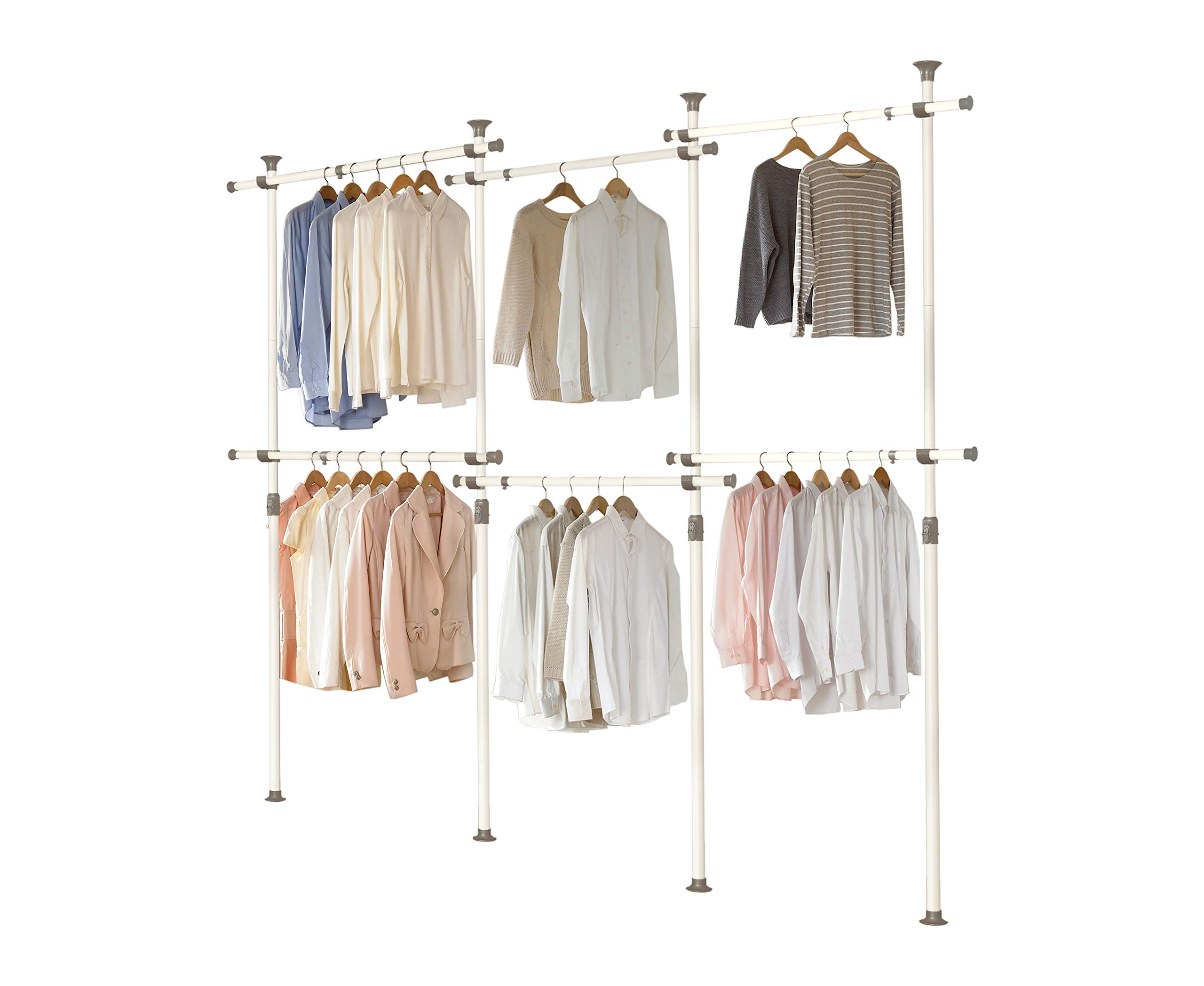 PRINCE HANGER, Closet System, One Touch Triple 2-Tier Adjustable Clothes Rack, Clothing Rack, Garment Rack, Freestanding, Organizer, Heavy Duty, Tension Rod, PHUS-0072, Made in Korea