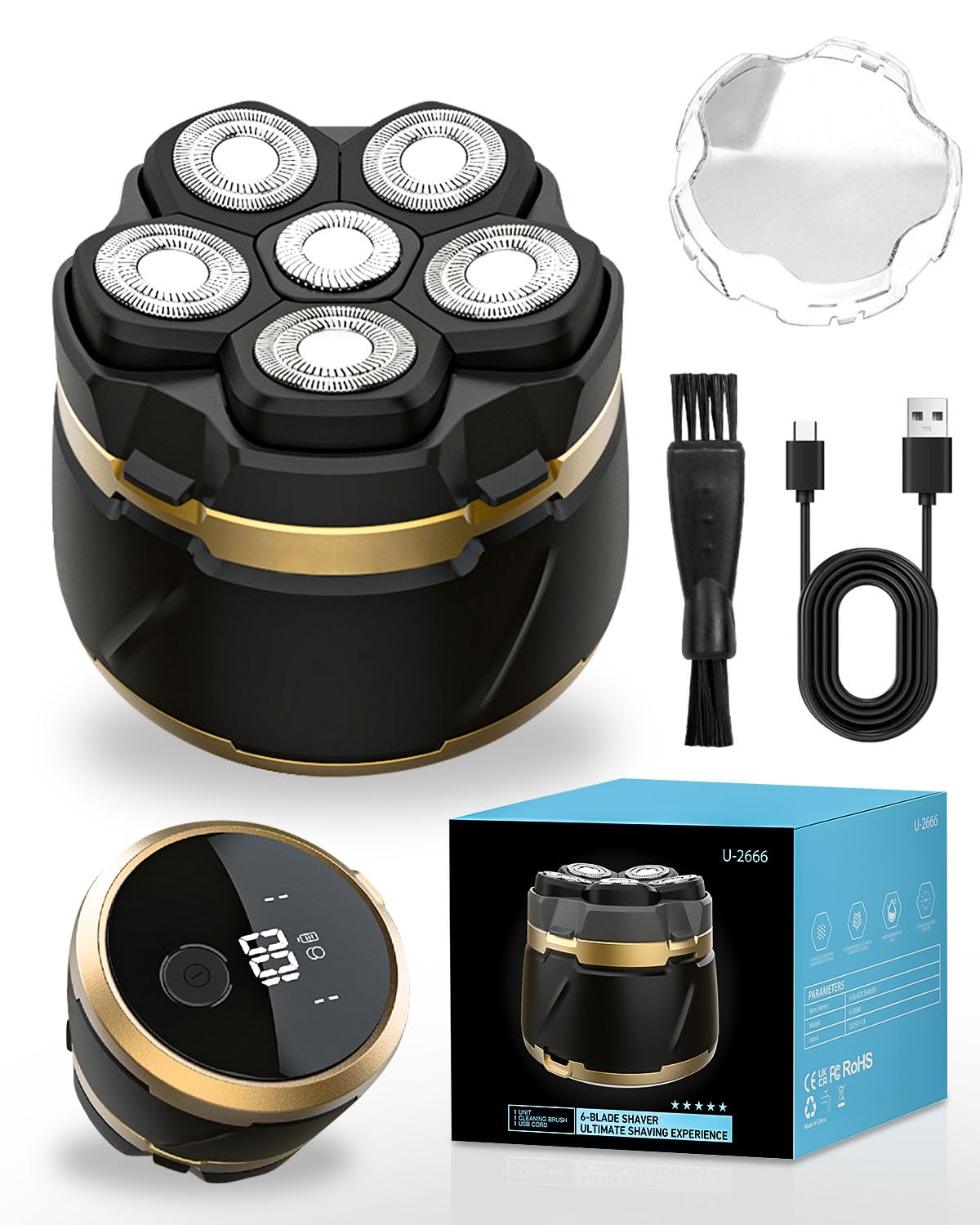 6D Head Shaver for Men, Waterproof Wet & Dry Flexible Electric Head Shaver for Bald Men with LED Display, USB-C Rechargeable Shaver for Travel and Home Use, Gift for Men-image-4