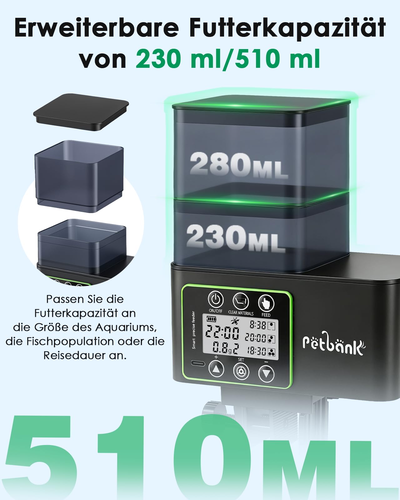 Futterautomat Aquarium, 230/510ML Automatischer Fischfutterautomat für Aquarium mit Timer, Wiederaufladbare Fische Fischfutterspender mit USB-Kabel LCD-Anzeige, Fisch Futterautomat