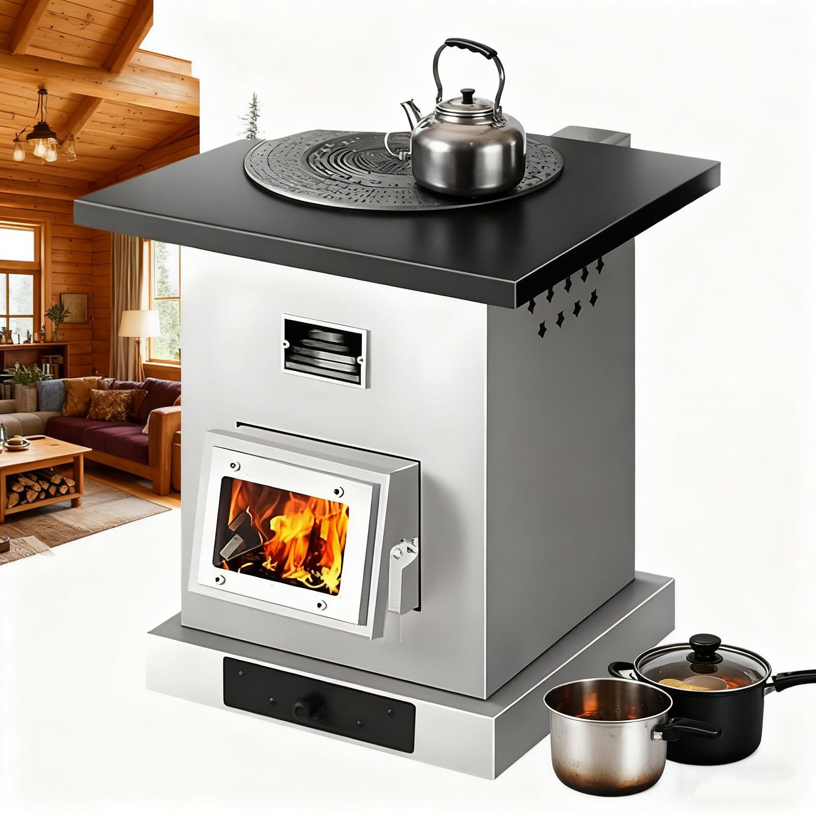 Estufa de leña para interiores con chimenea y malla antiquemaduras para calefacción y cocción eficientes en tiendas de campaña, villas y espacios interiores