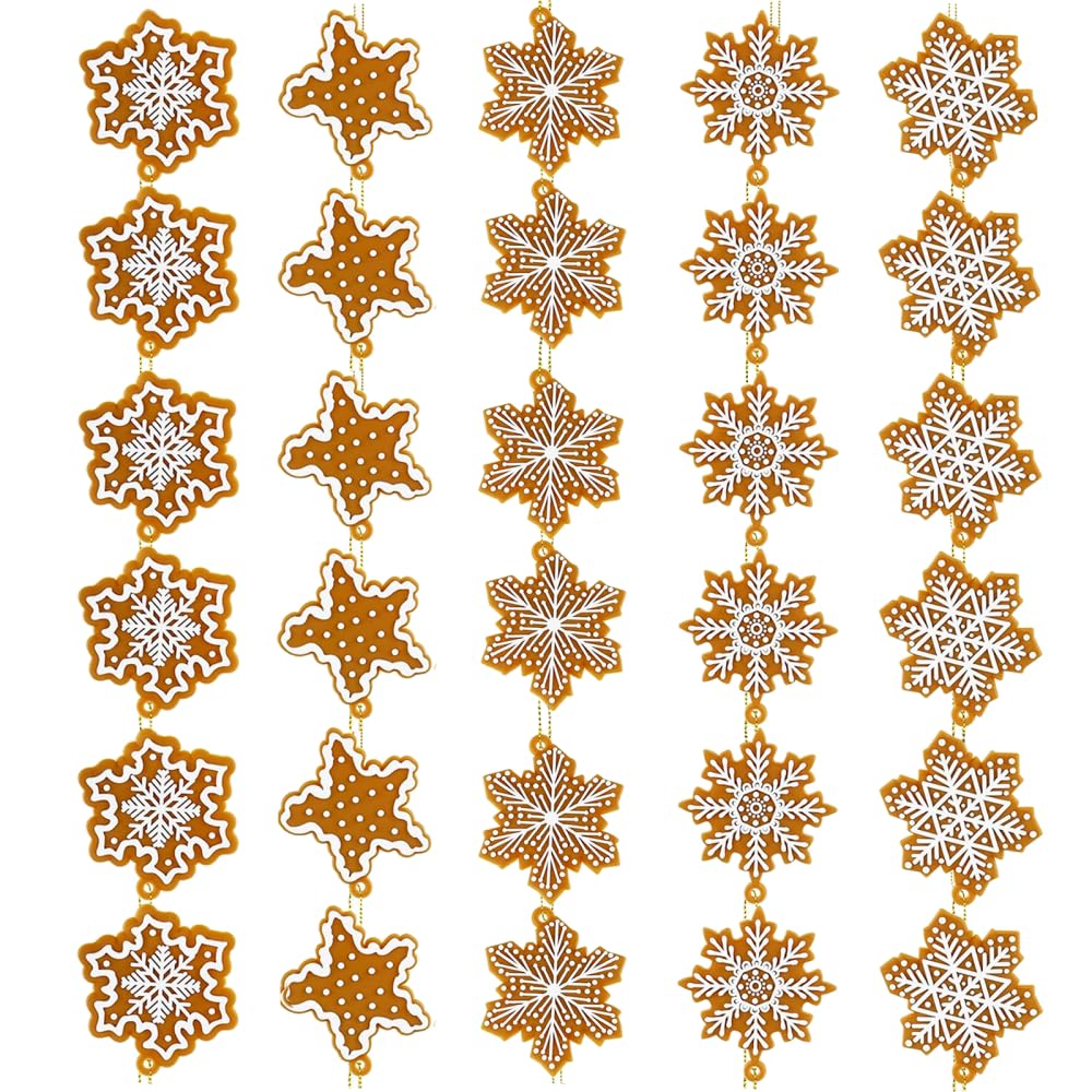 Christmas Gingerbread Snowflake Ornament, 30 PCS Christmas Hanging Snowflakes Decoration Wooden Snowflake Decor for Garlands Fireplace Mantels