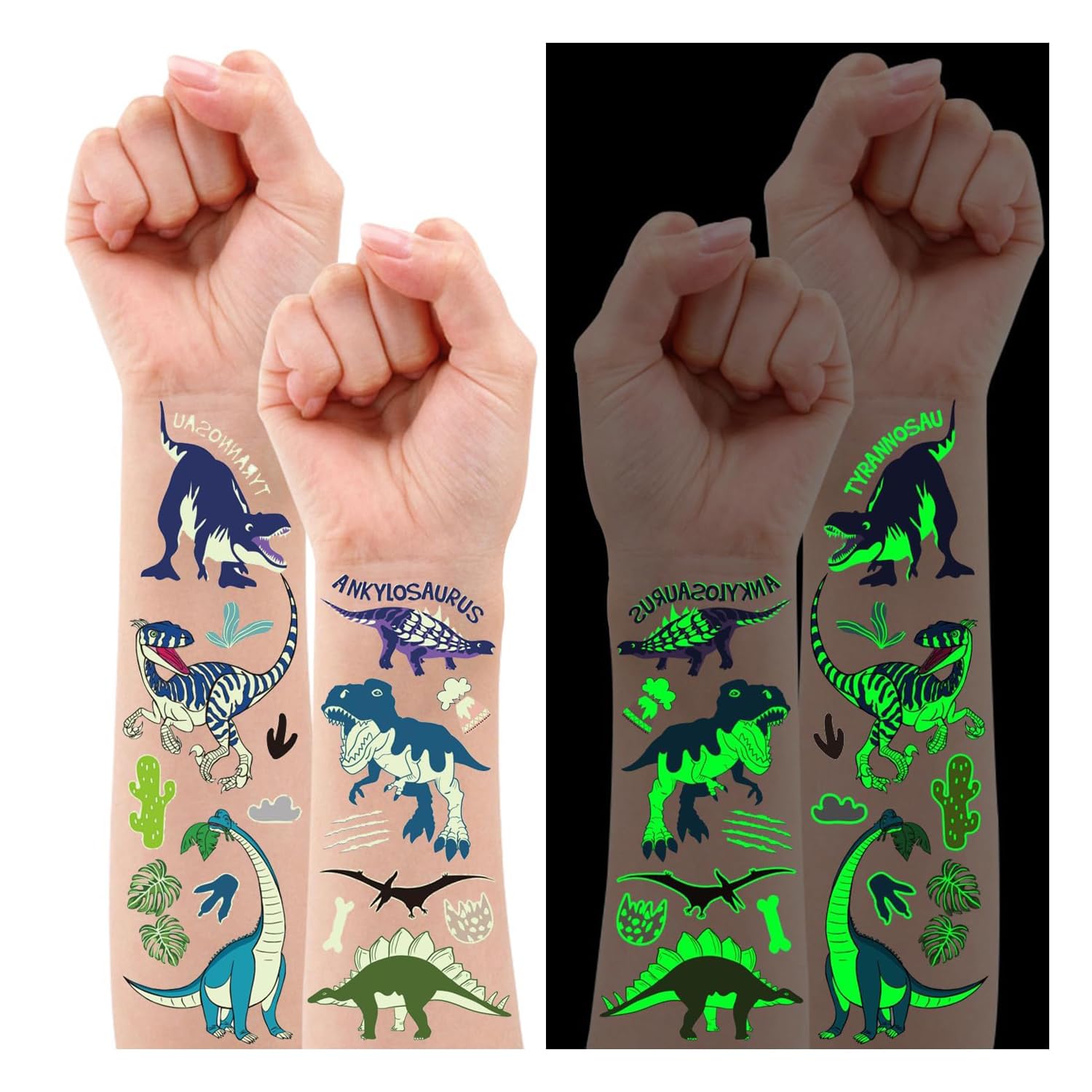 Tatuajes Temporales De Dinosaurios Luminosos – 20 Hojas Con 160 Pegatinas Para Fiestas Y Piñatas