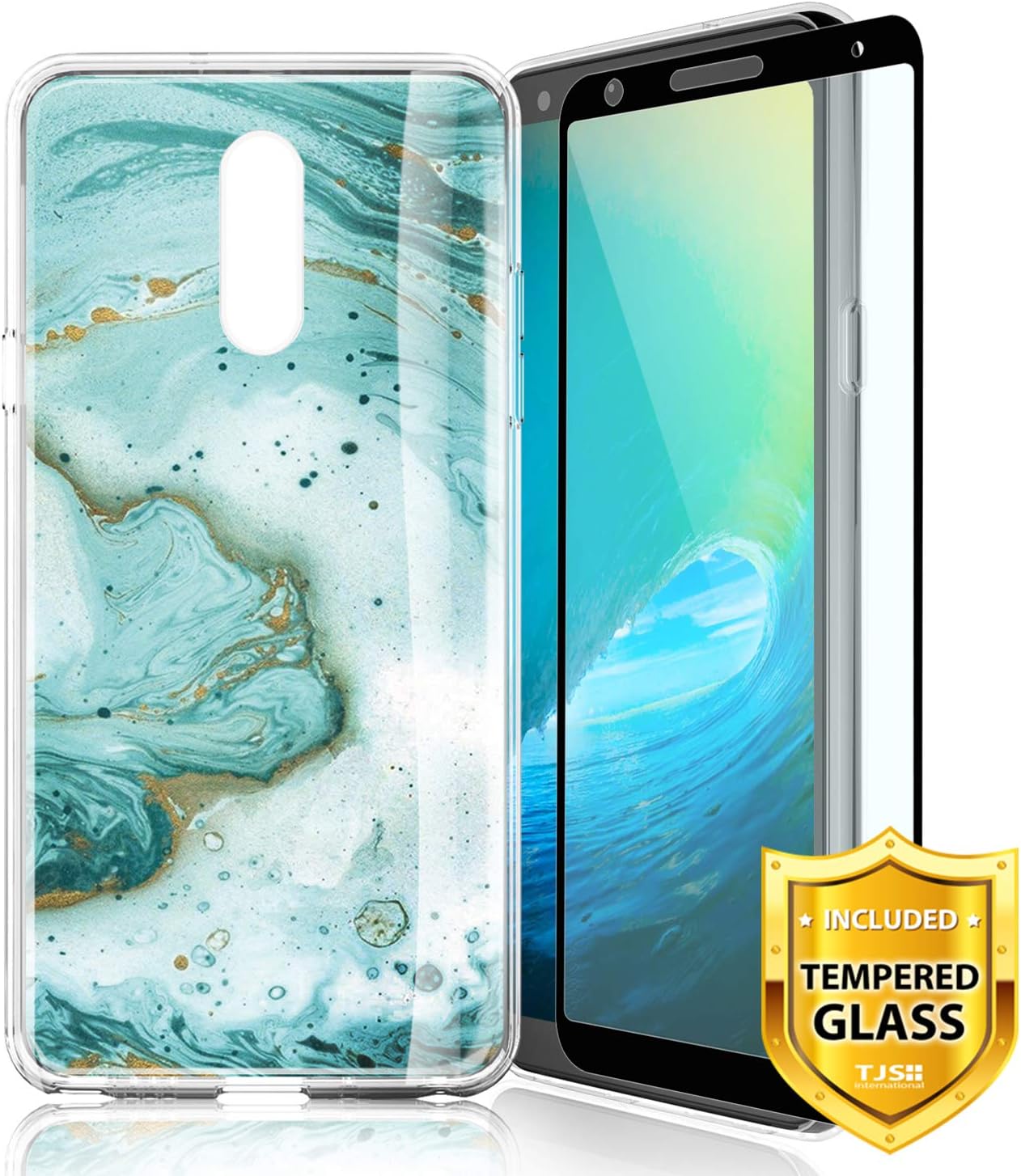TJS Case for LG Aristo 2/Aristo 2 Plus/Aristo 3/Aristo 3 Plus/Tribute Dynasty/Tribute Empire/Fortune 2 [Full Coverage Tempered Glass Screen Protector] Marble Transparent Clear Soft Skin (Green)