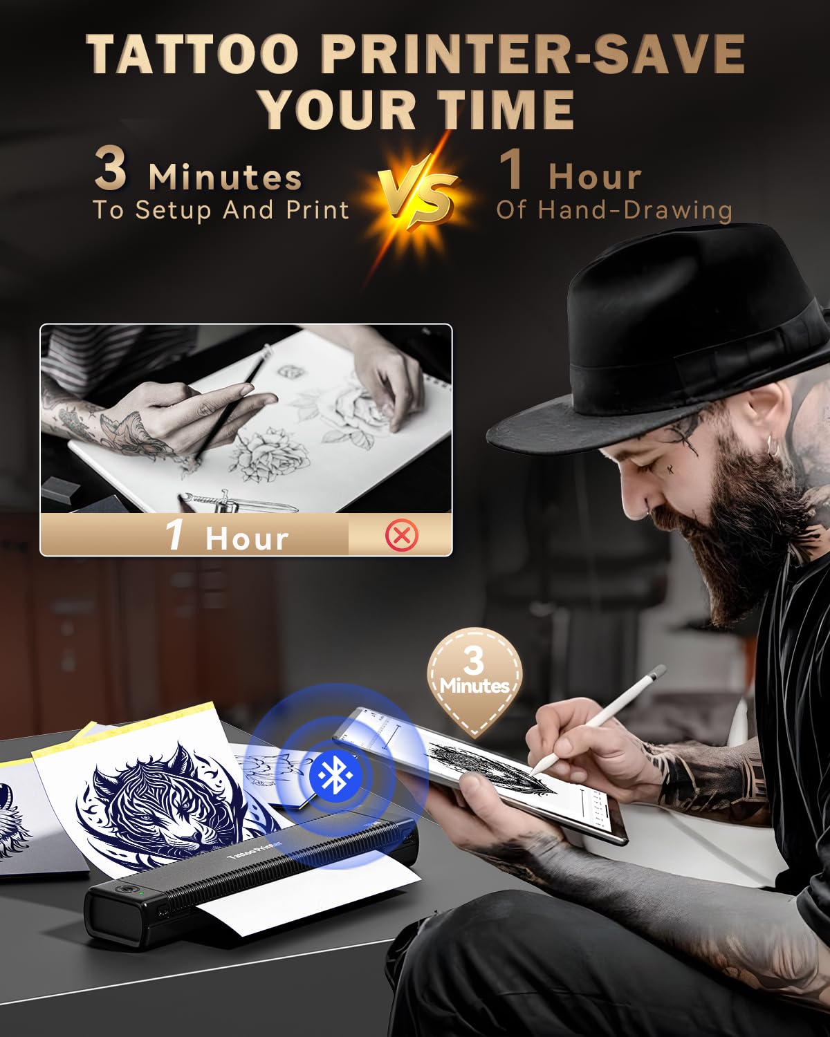 TP81 Stencil Drucker, Thermodrucker Tattoo, Bluetooth Tattoo Drucker mit 10 Blatt Tattoo Papier, Kompatibel mit Android, iOS und Laptop, Tattoo Zubehör